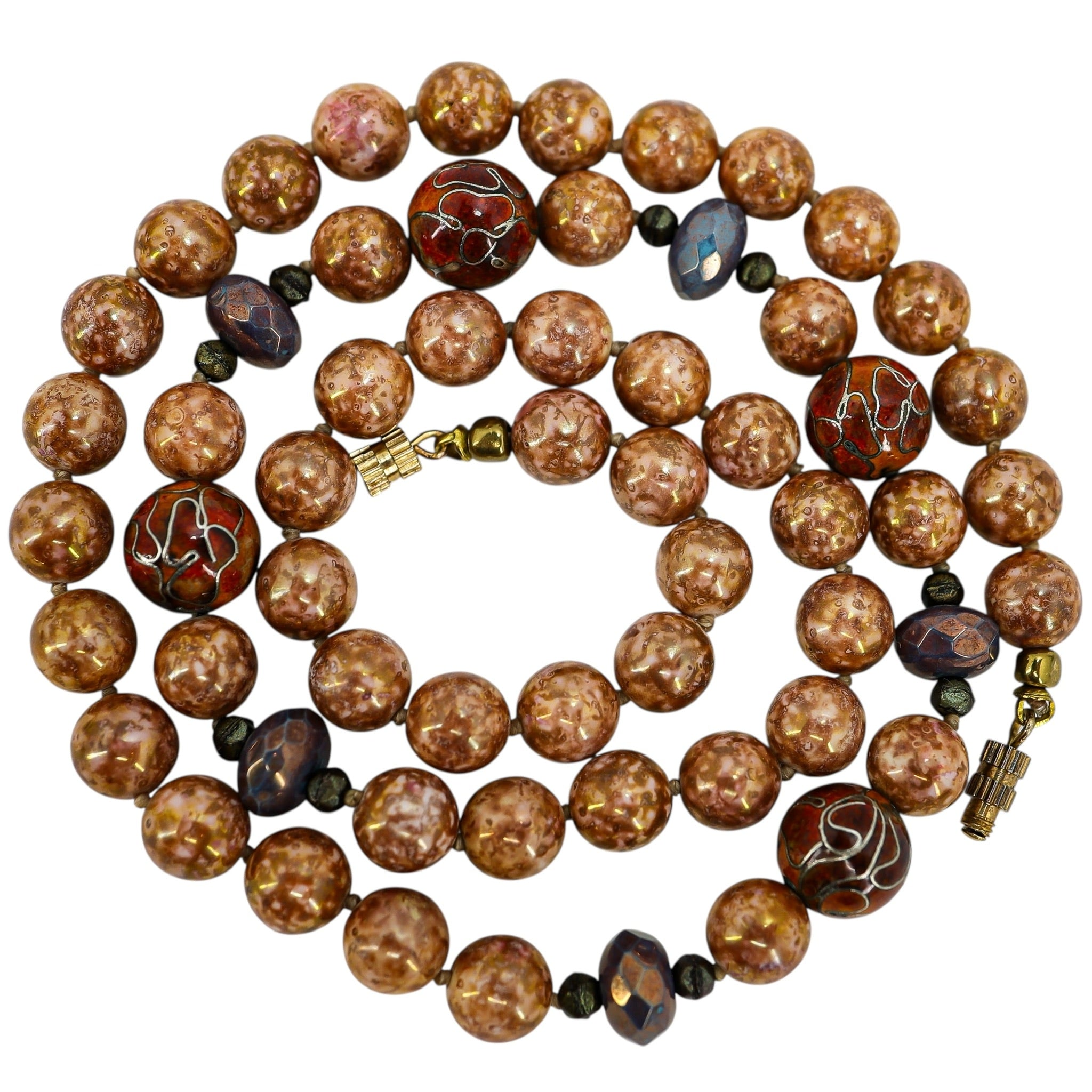 Cloisonne &  Czech Luster Glass Bead Necklace In Soft Natural And Gold Tone Colors - 22”
