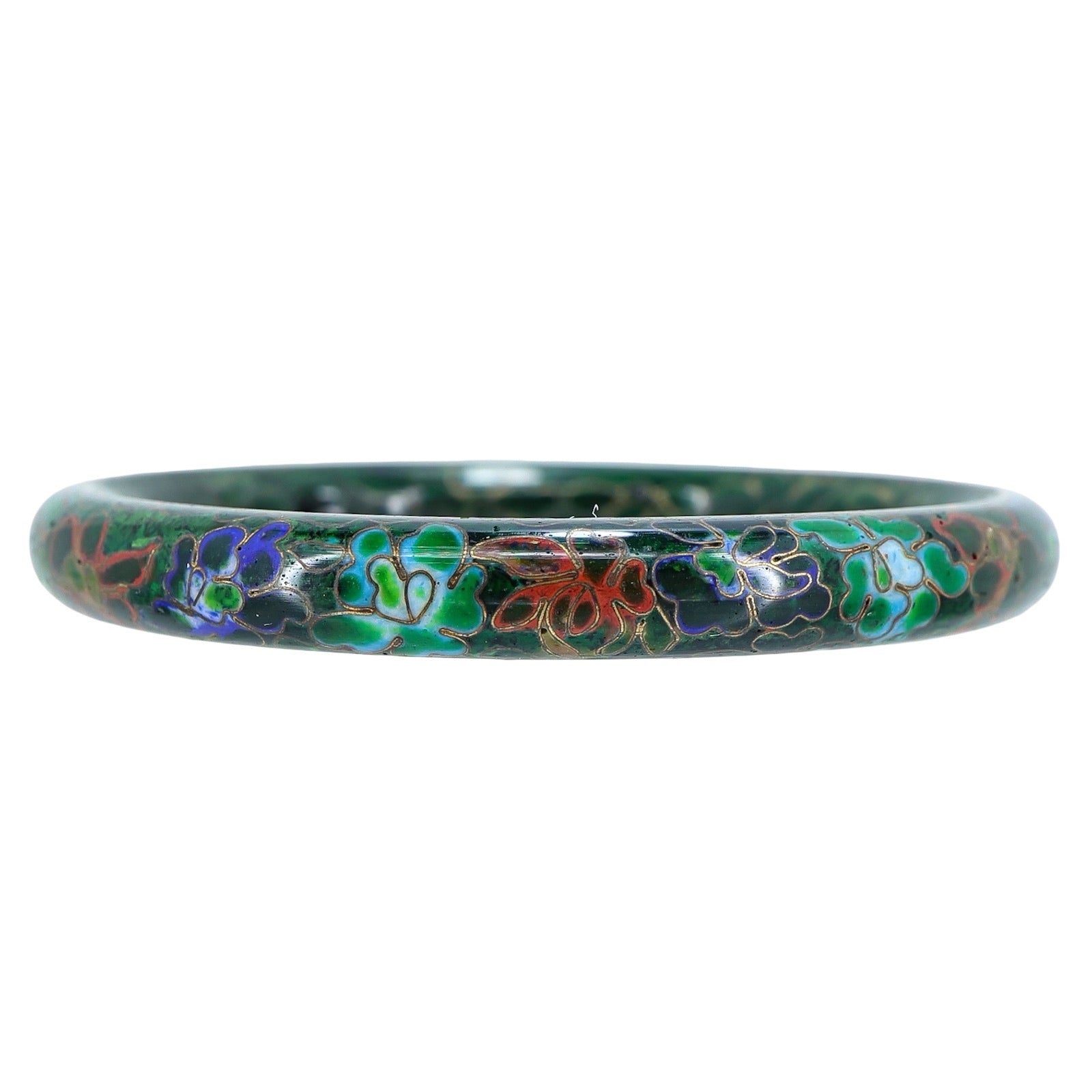 Vintage Chinese Cloisonne Bangle Bracelet Marbled Mottled Green Enamel Floral 2.5”