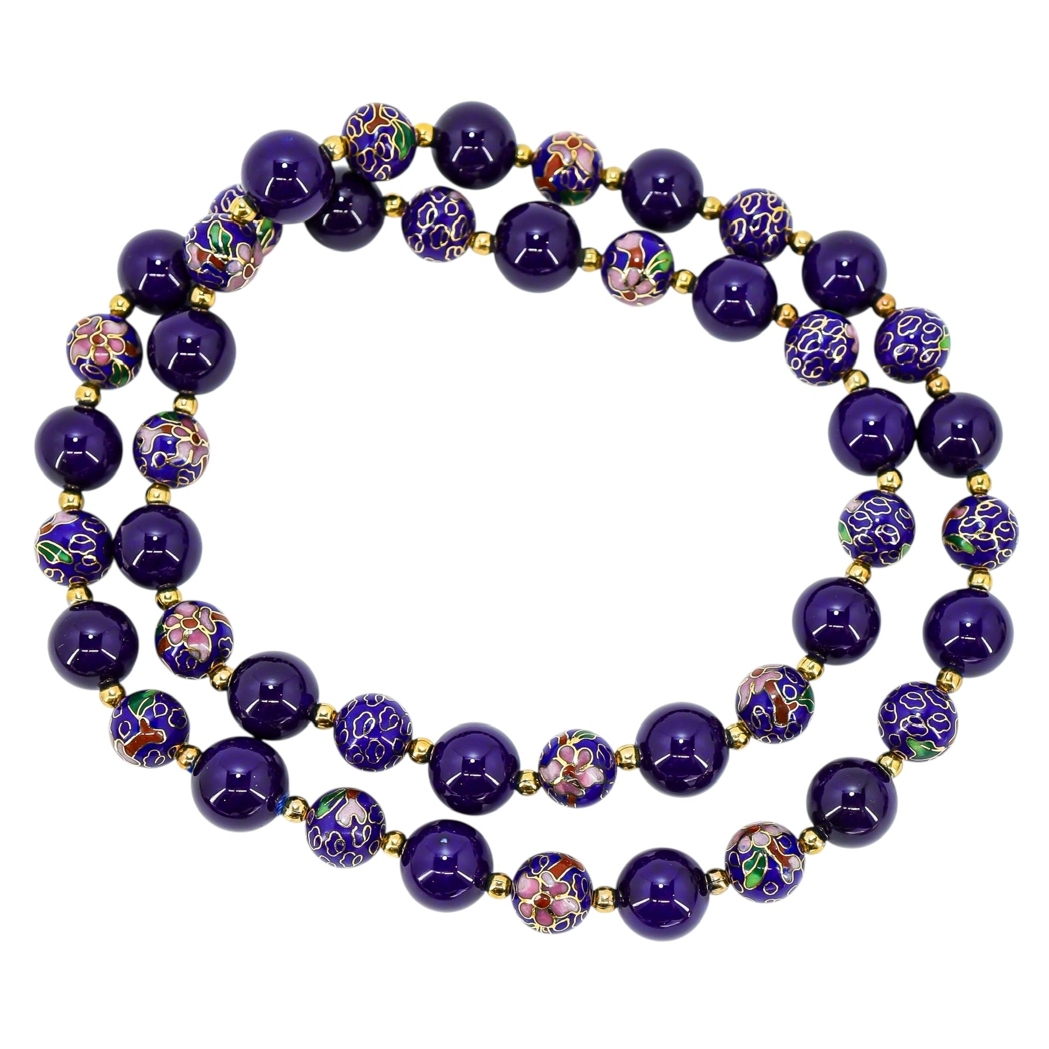 Vintage Cobalt Blue Cloisonne & Glass Bead Necklace – Long 29”, No Clasp