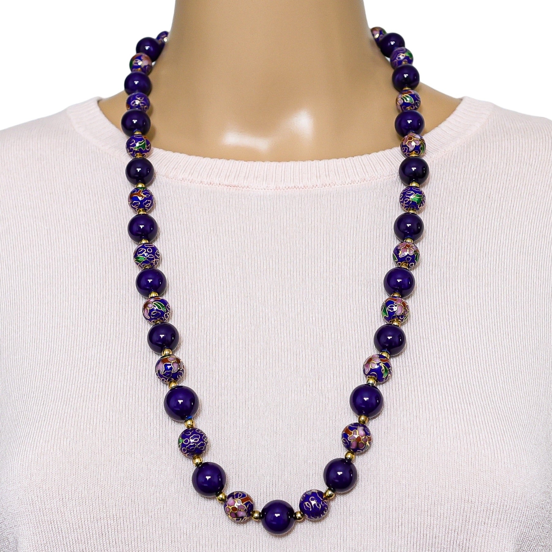 Vintage Cobalt Blue Cloisonne & Glass Bead Necklace – Long 29”, No Clasp