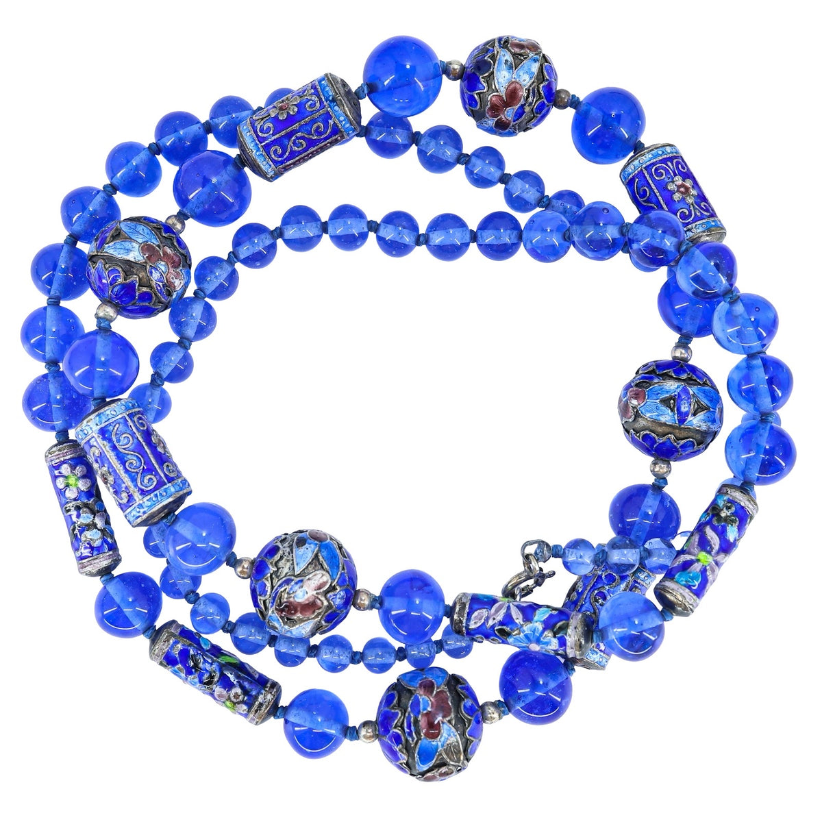 Vintage Chinese Cloisonne & Cobalt Blue Glass Bead Necklace 32"