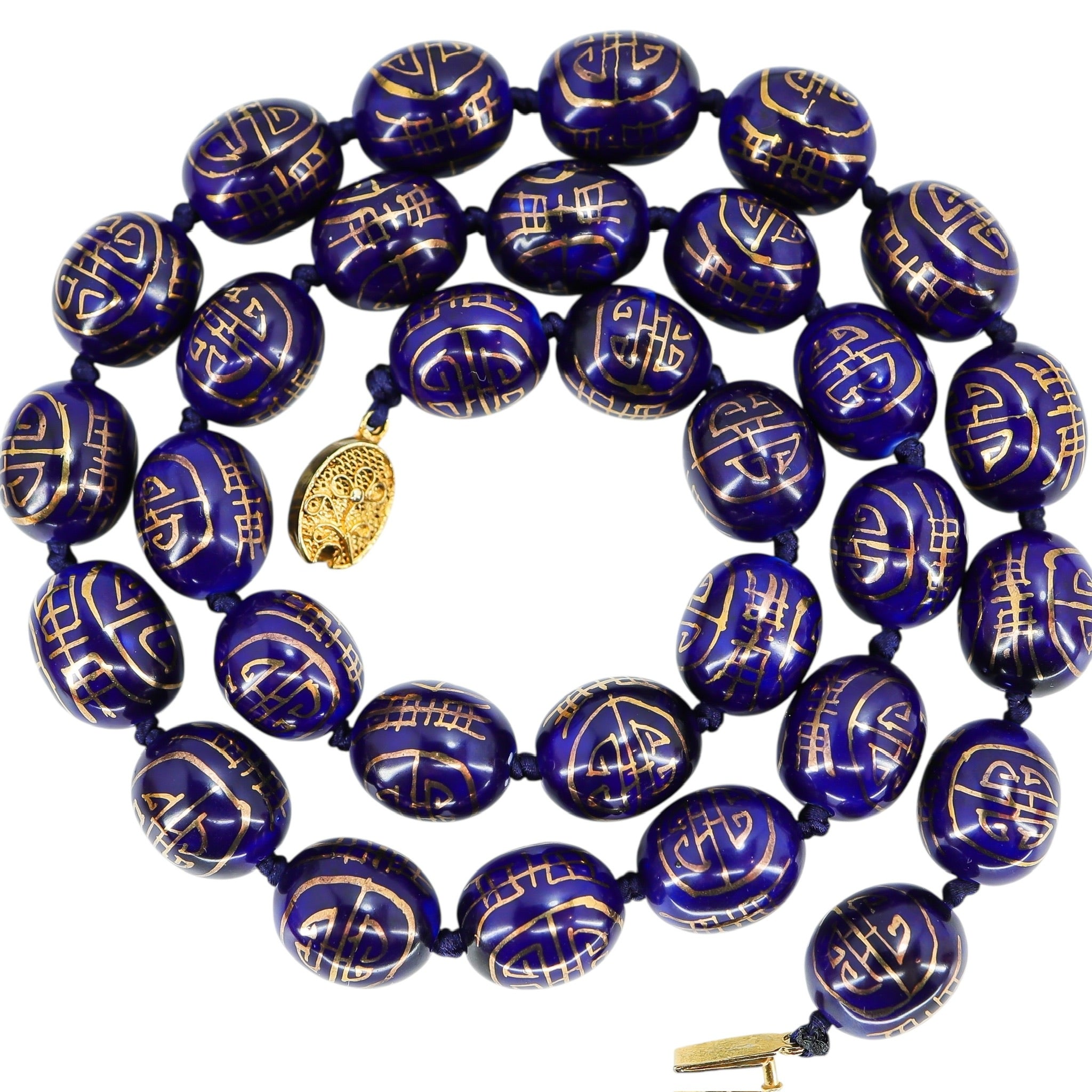 Vintage Shou Sign Longevity Bead Necklace Cobalt Blue And Gold Chinese Porcelain
