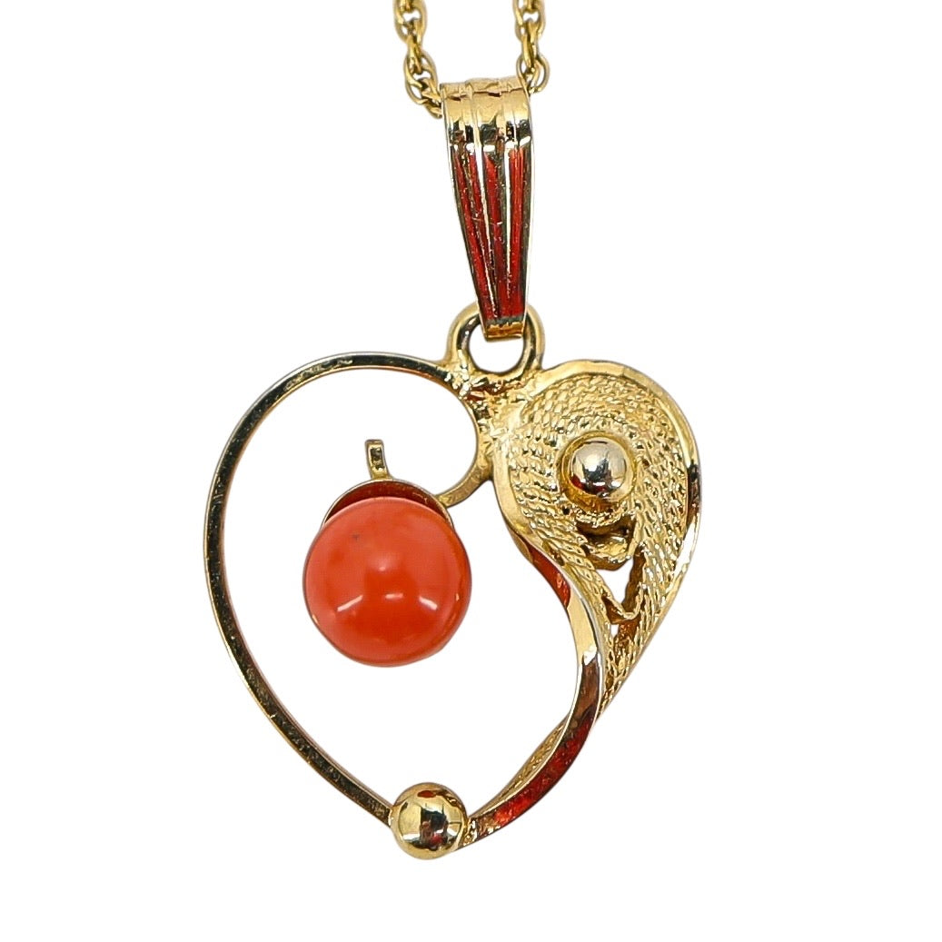 Vintage Gold Filled Heart Necklace W Coral — Signed Sorrento Pendant, W.E.H. Chain