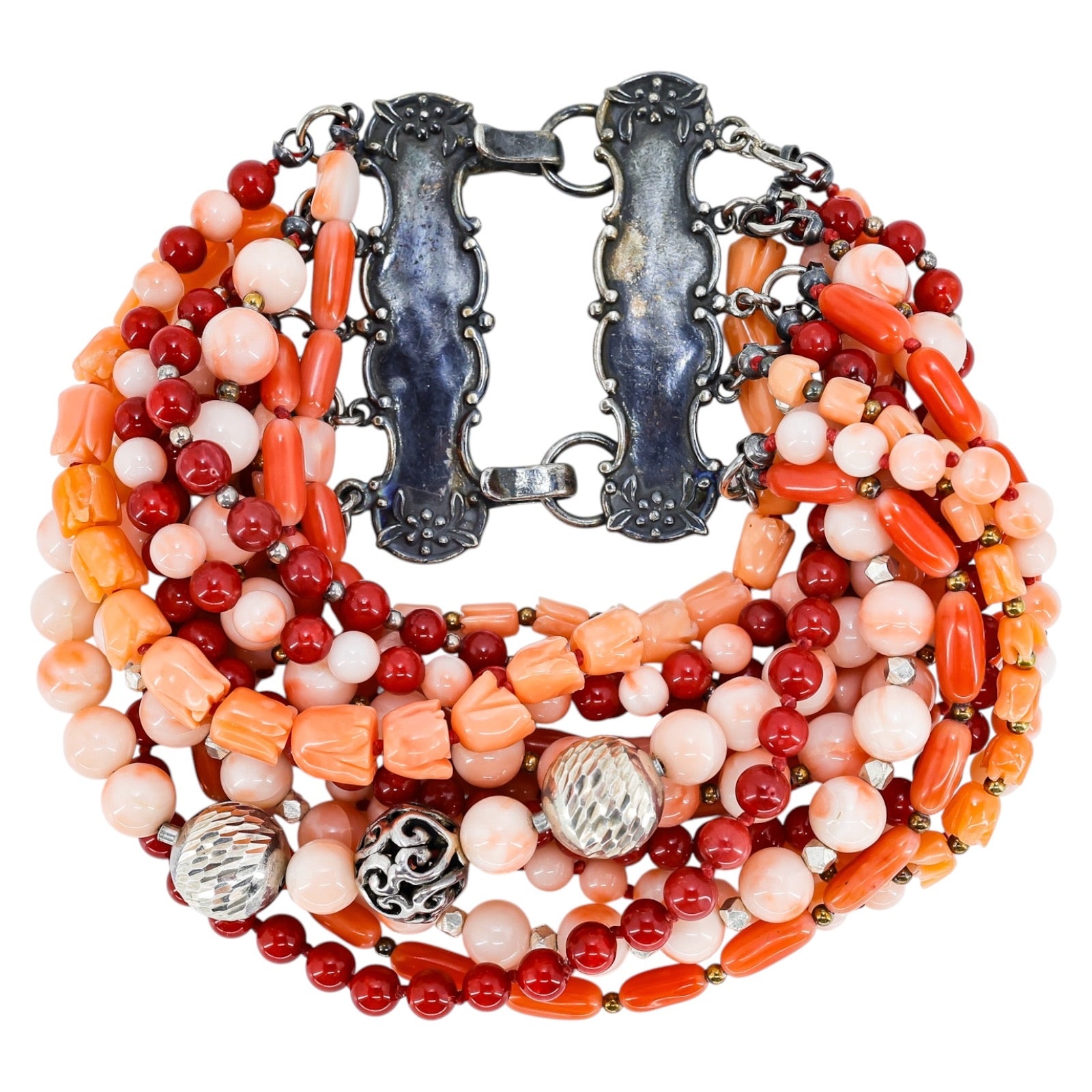 OOAK Vintage Coral Assortment And Sterling Silver 13 Strands Statement Bracelet - 90g