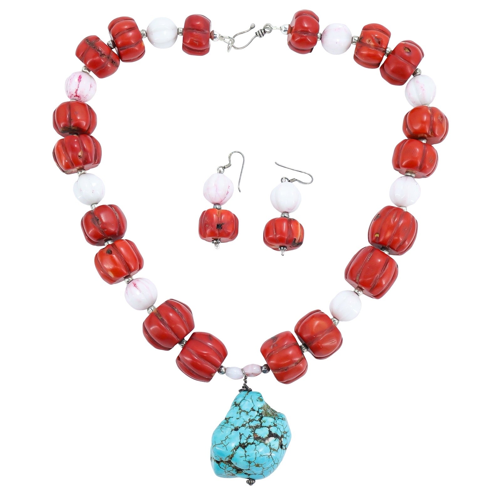 Boho Coral & Turquoise Nugget Necklace Set With Sterling Findings & Antique Czech Glass Beads