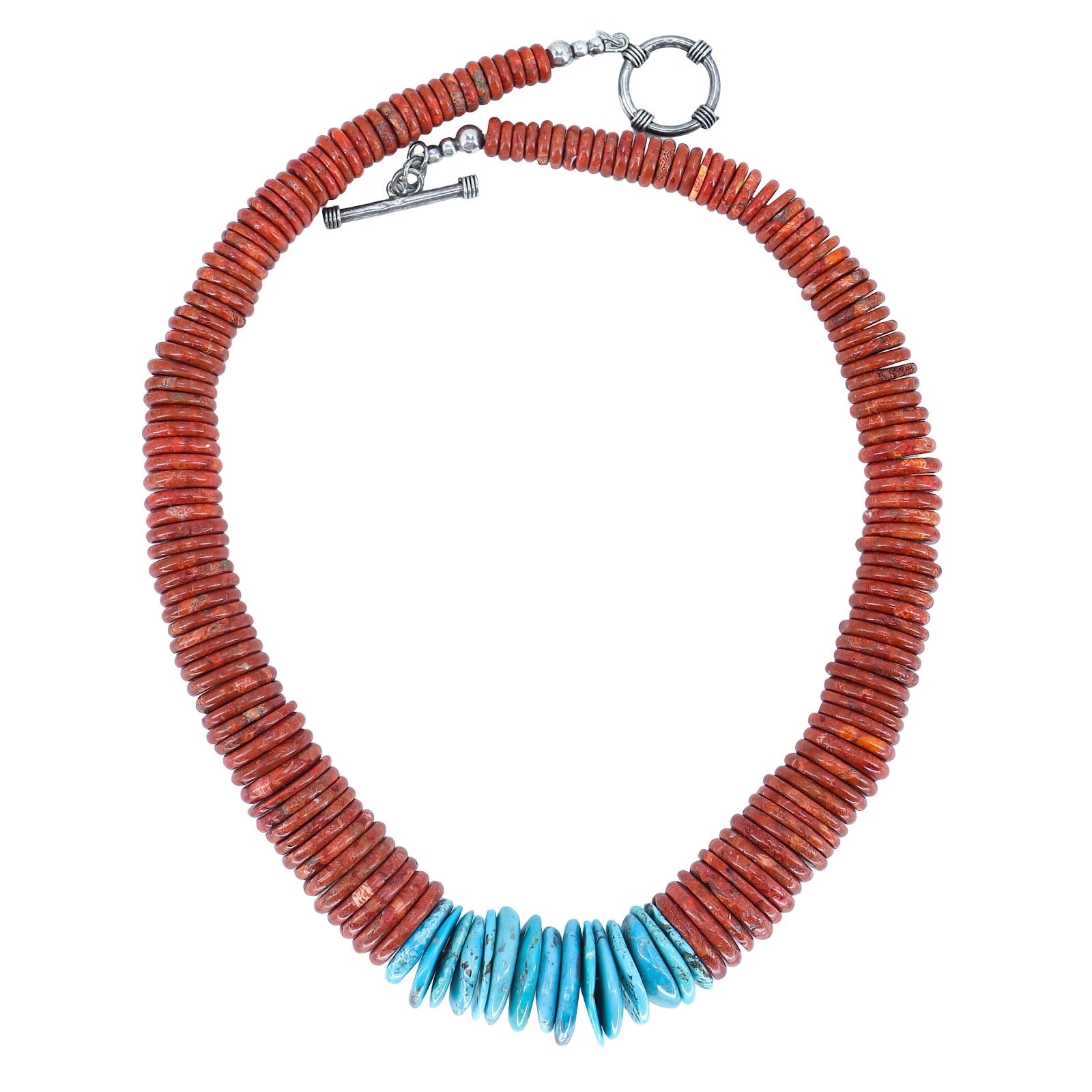 Coral & Turquoise With Sterling Silver Graduated Disc Necklace Southwestern Statement