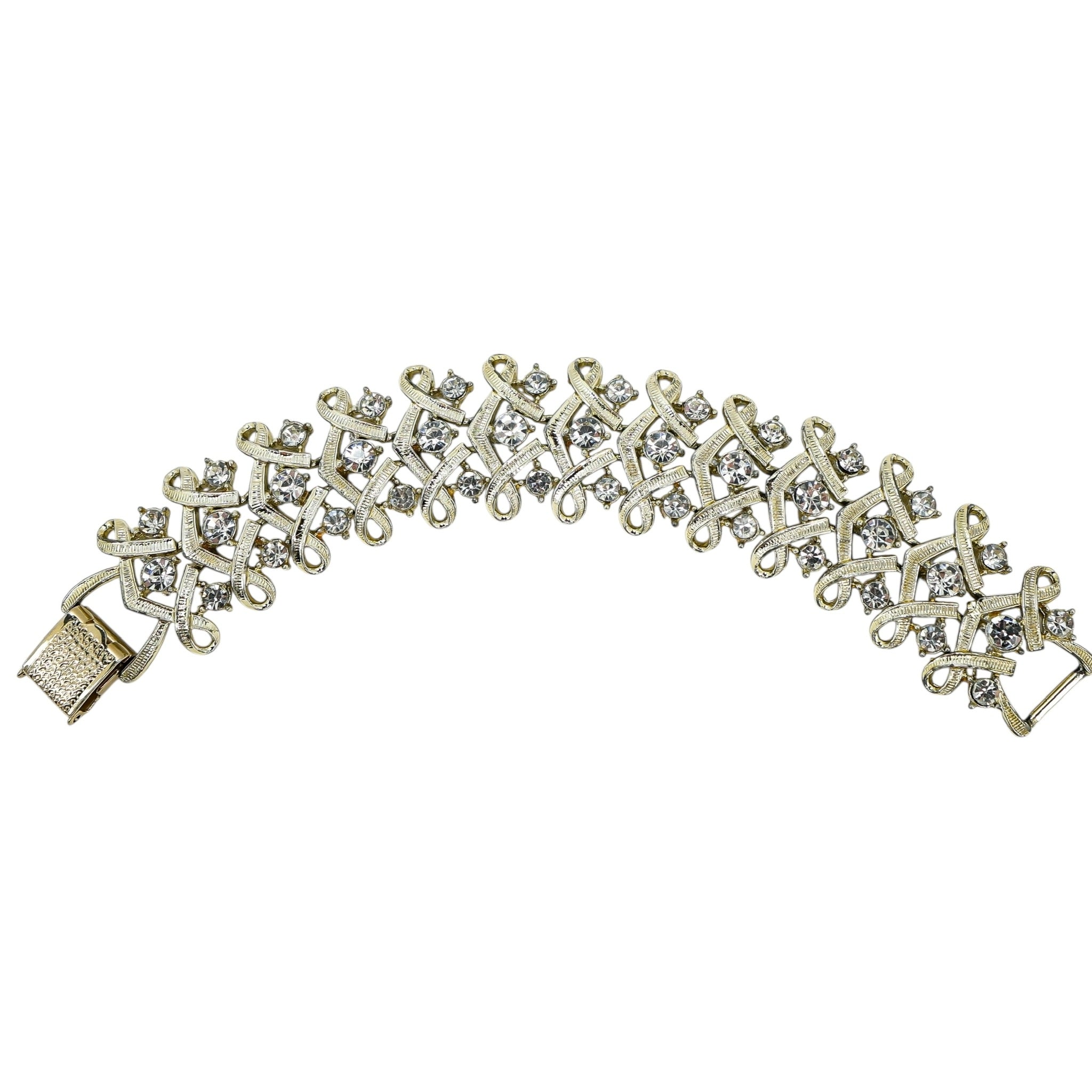 Vintage Coro Statement Linked Bracelet Washed Goldtone Rhinestones Bridal Glam