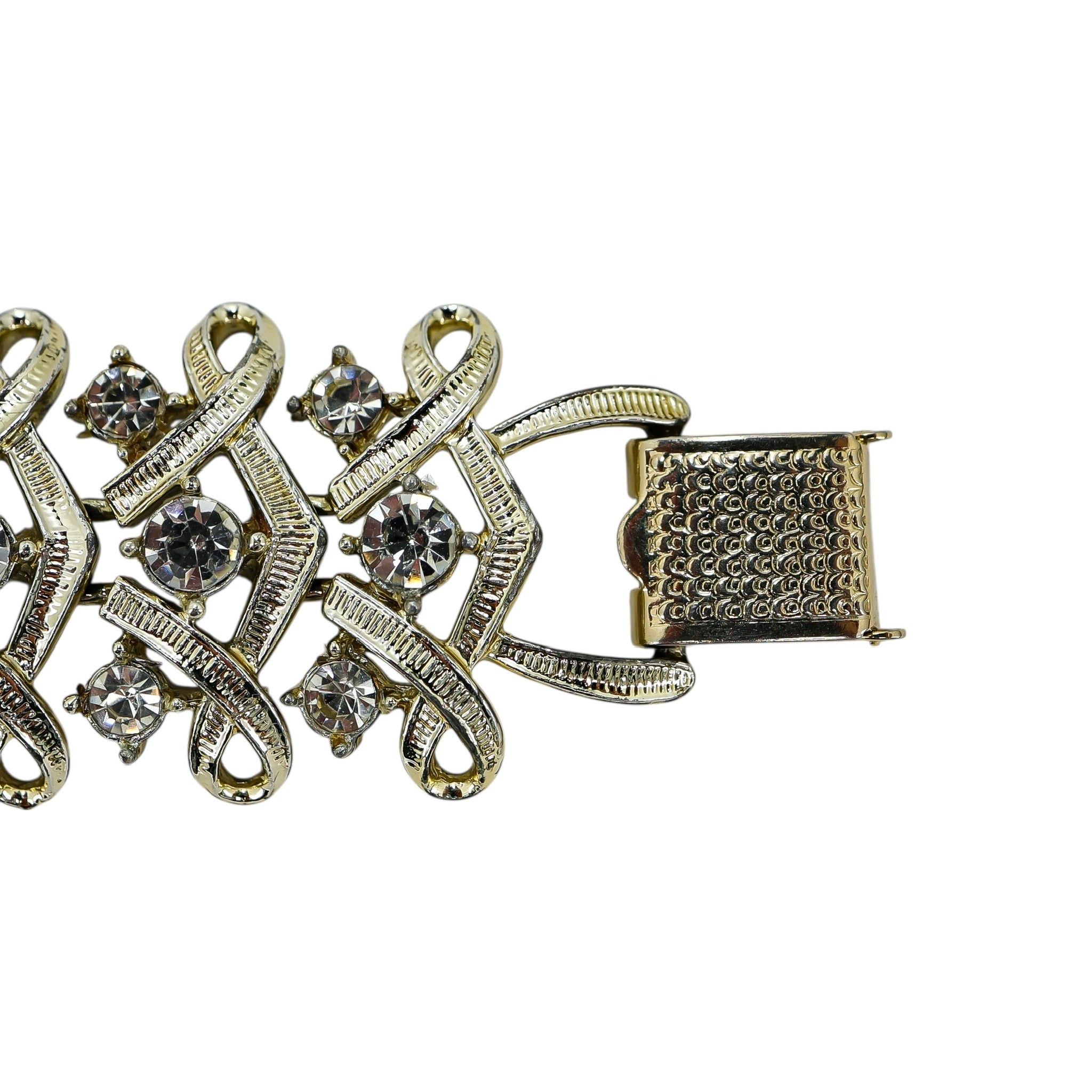 Vintage Coro Statement Linked Bracelet Washed Goldtone Rhinestones Bridal Glam