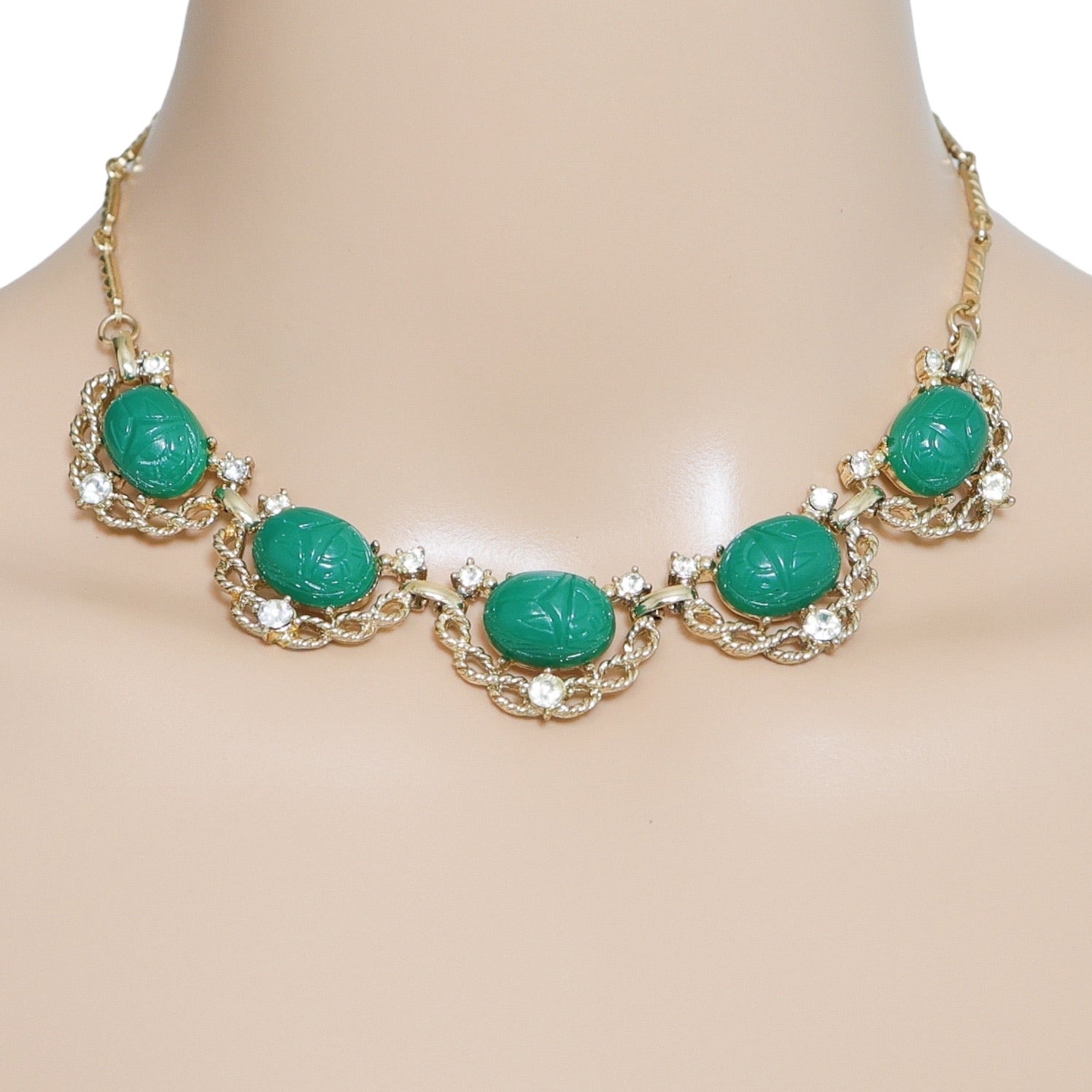 Vintage MCM Signed Coro Scarab Choker Necklace Green Cabachons