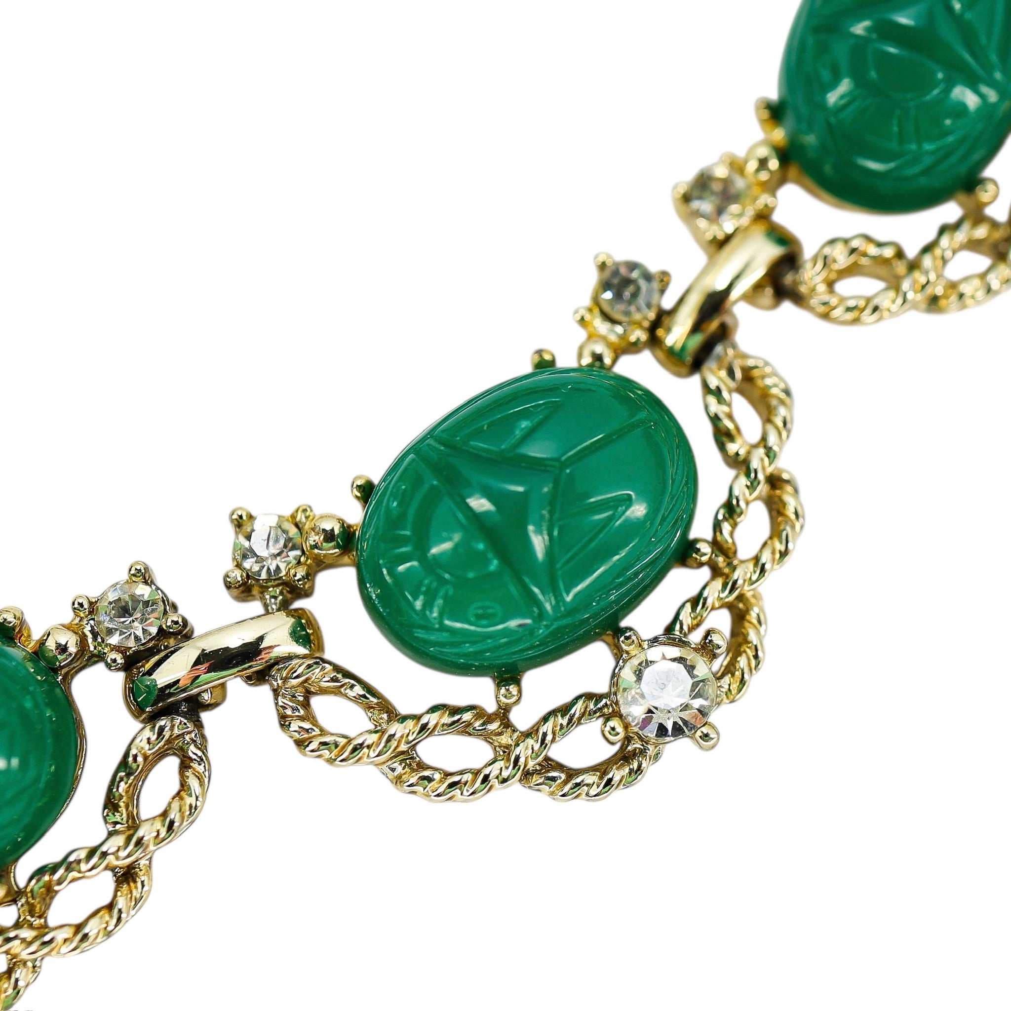 Vintage MCM Signed Coro Scarab Choker Necklace Green Cabachons