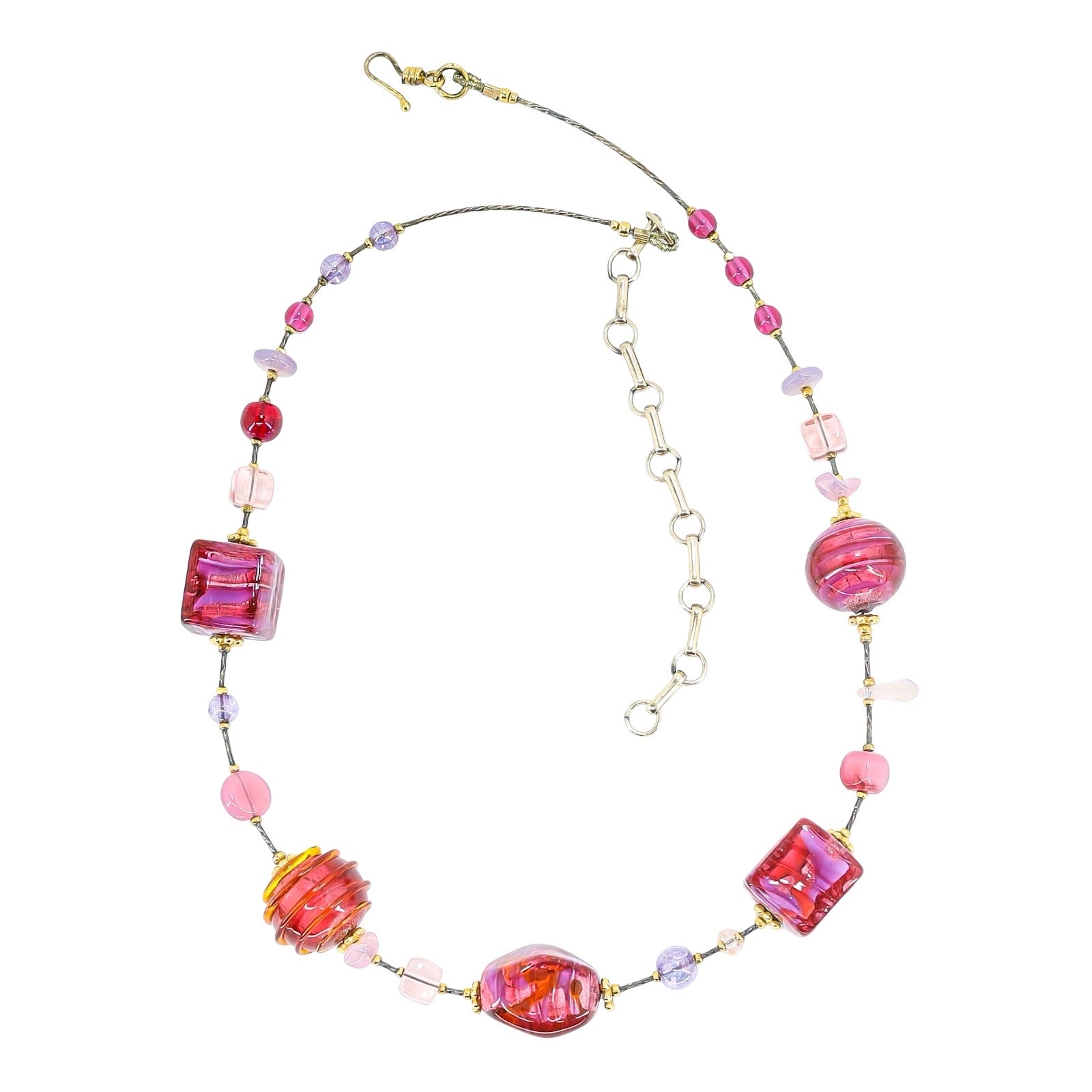 MCM Murano Lampwork Venetian Cranberry Glass Sommerso Foil Necklace Sterling 925