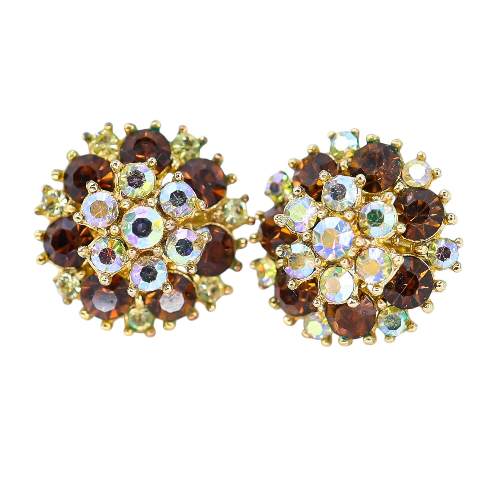 Crown Trifari Topaz Light Green And AB Rhinestone Cluster Earrings 3/4 in