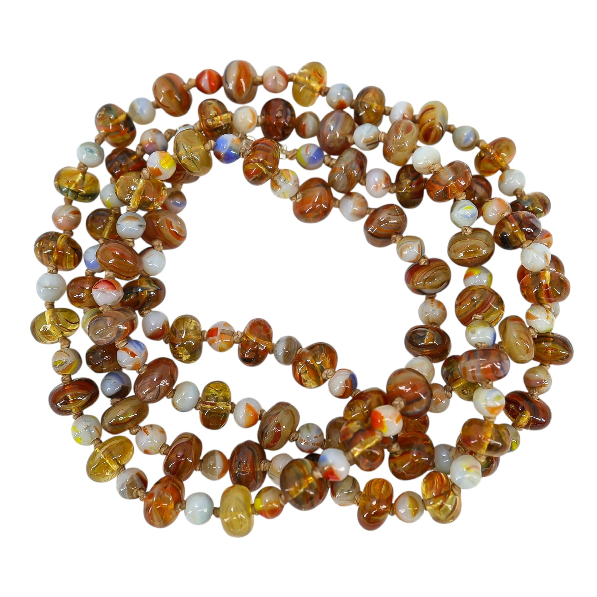 Vintage Czech Pressed Glass Necklace Amber & Milk W Swirls Silver Clasp