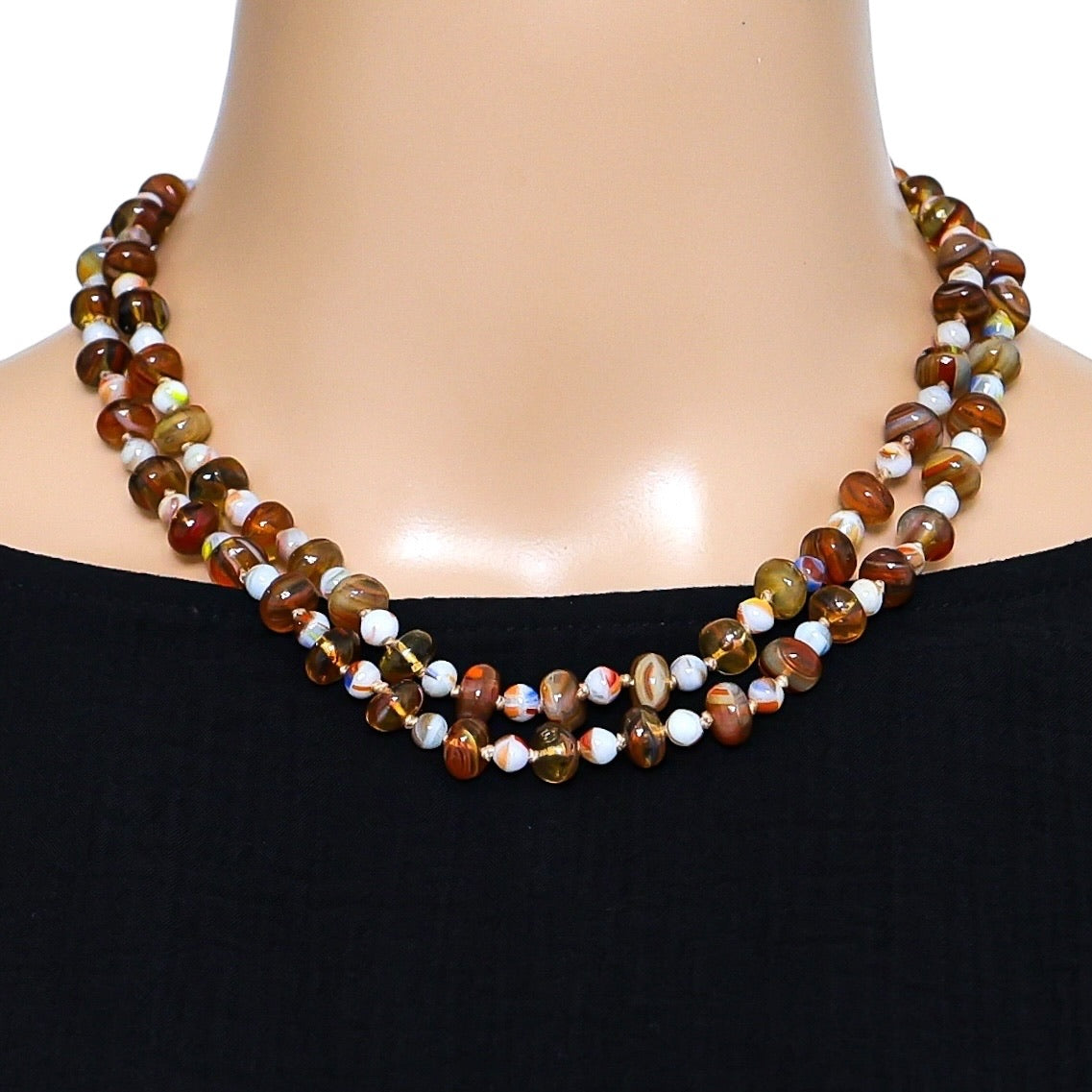 Vintage Czech Pressed Glass Necklace Amber & Milk W Swirls Silver Clasp