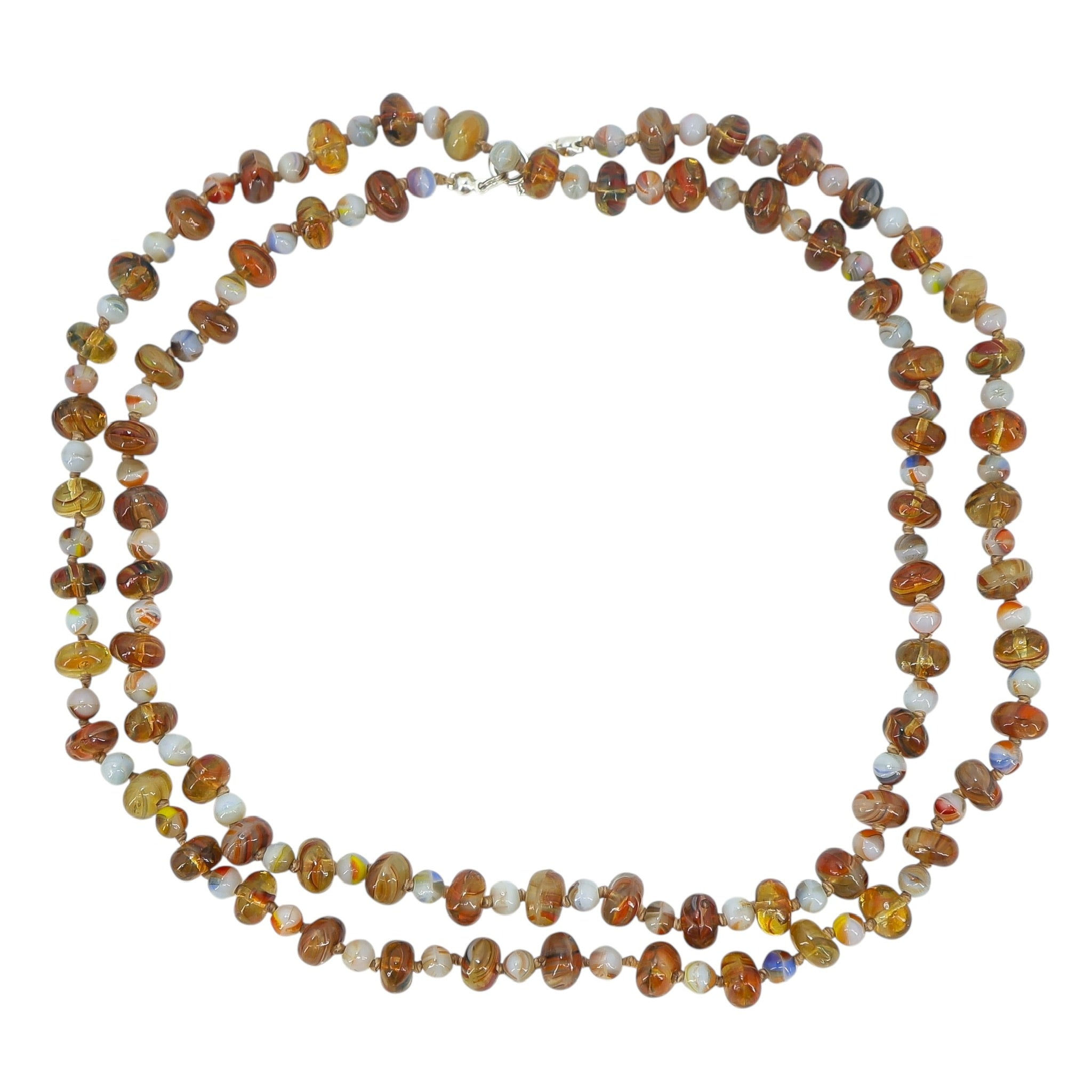 Vintage Czech Pressed Glass Necklace Amber & Milk W Swirls Silver Clasp