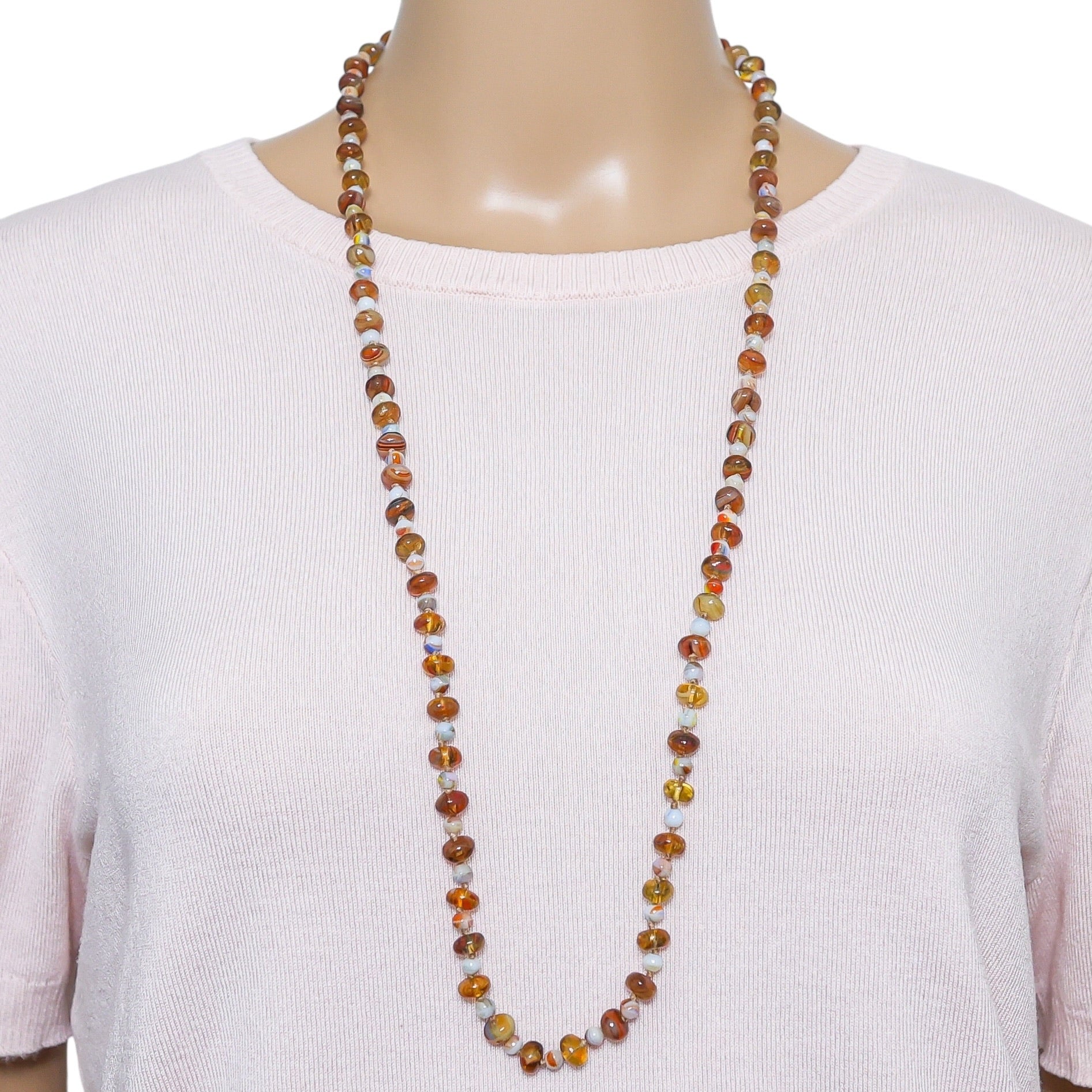 Vintage Czech Pressed Glass Necklace Amber & Milk W Swirls Silver Clasp