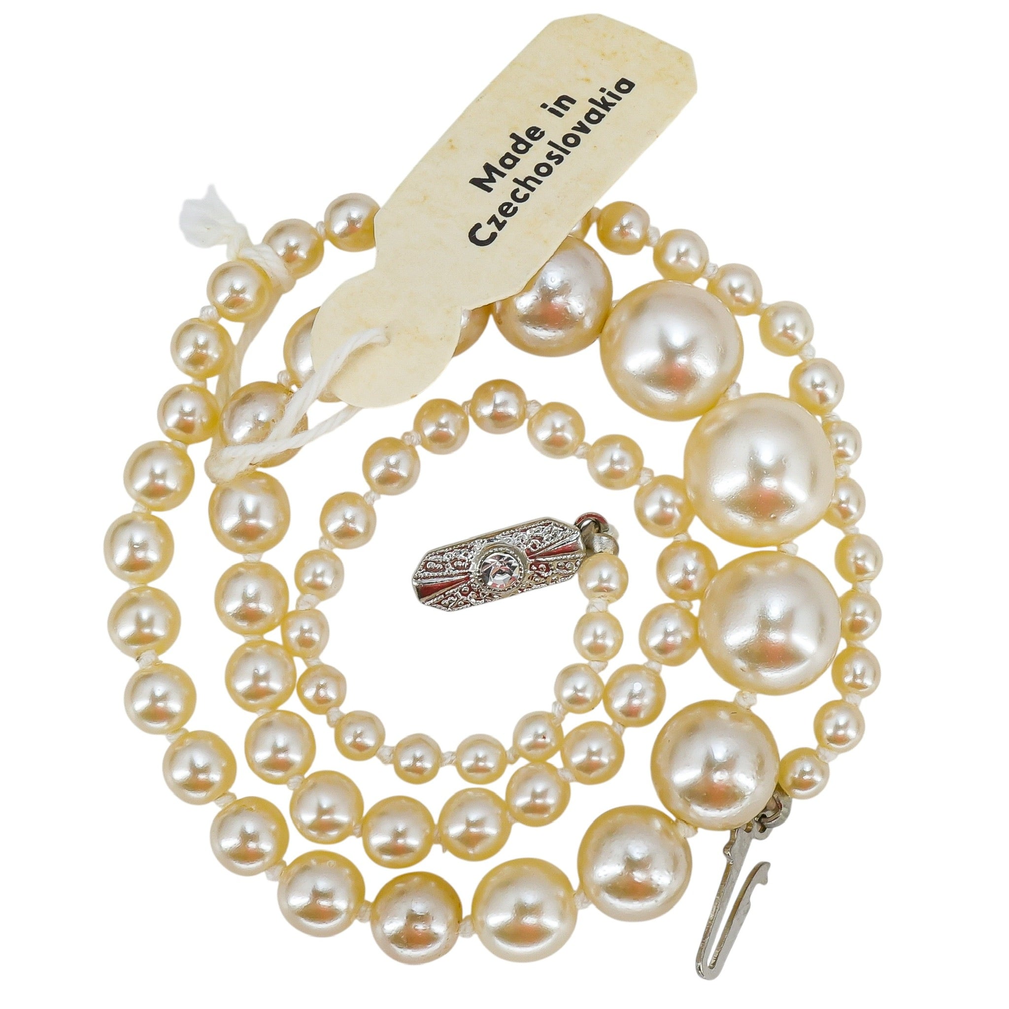 Art Deco Czechoslovakian Faux Pearl Glass Beads With Tag - Old New Stock 17in 1920-40s