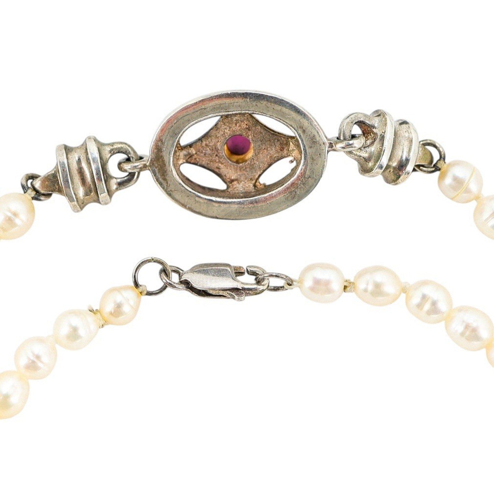 Artisan Sterling Silver & Freshwater Pearl Necklace W Garnet Centerpiece 18”