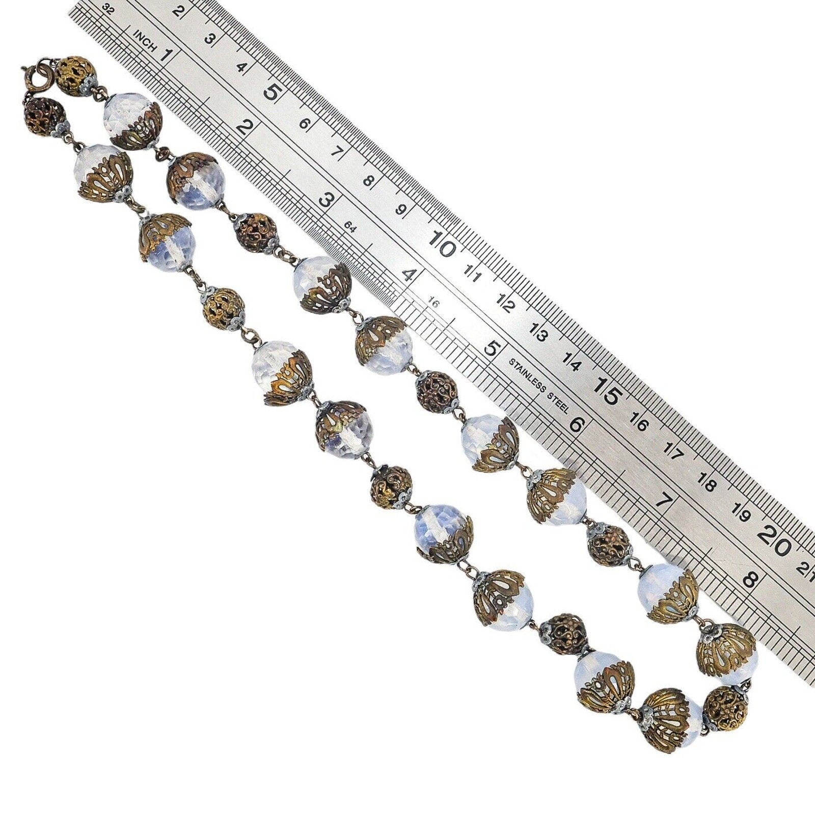 Vintage Czech Opaline Faceted Glass Beaded Necklace W Filigree Cups