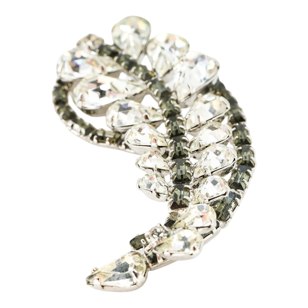 Large Vintage Mid Century Gray Smoky Clear Rhinestone Brooch Leaf Shape 2.25”