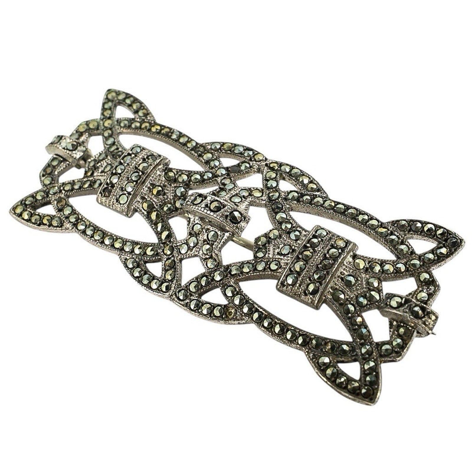 Vintage Sterling Silver Marcasite Brooch Art Deco Revival Geometric Pin