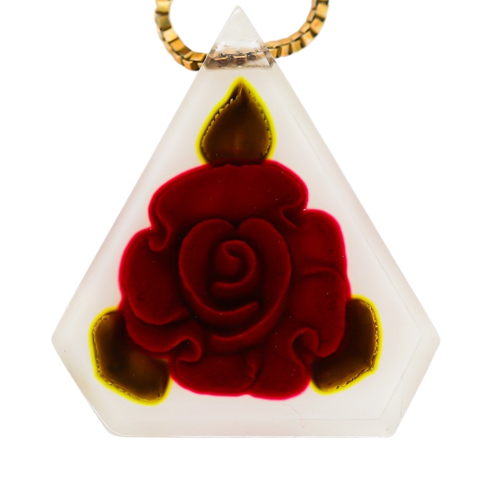 Vintage Reverse-Carved Lucite Pendant Necklace W Rose Motif On 925 Box Chain - 29" Italy