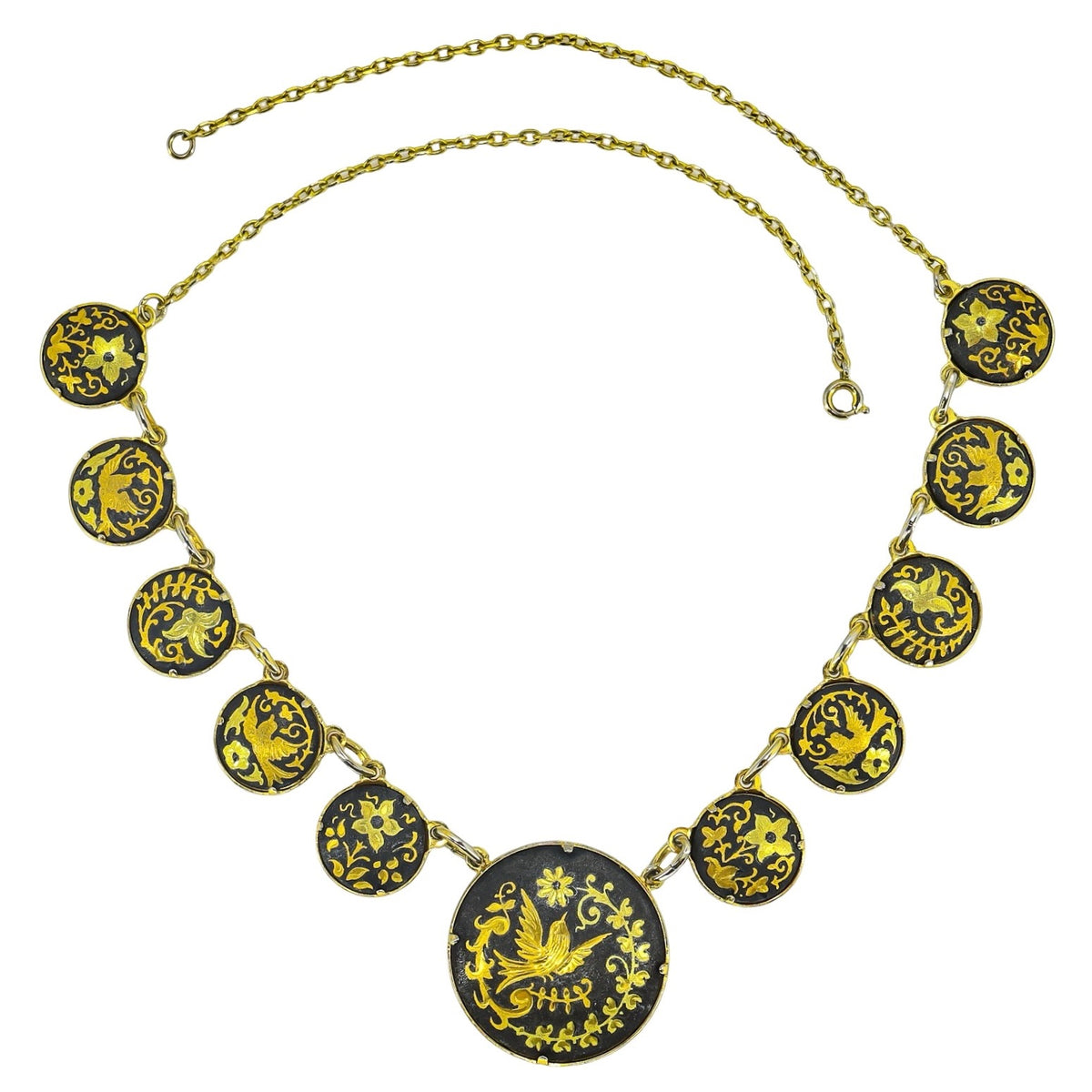 Vintage Mid Century Japanese Style Damascene Coin Charm Necklace Black Gold 18”