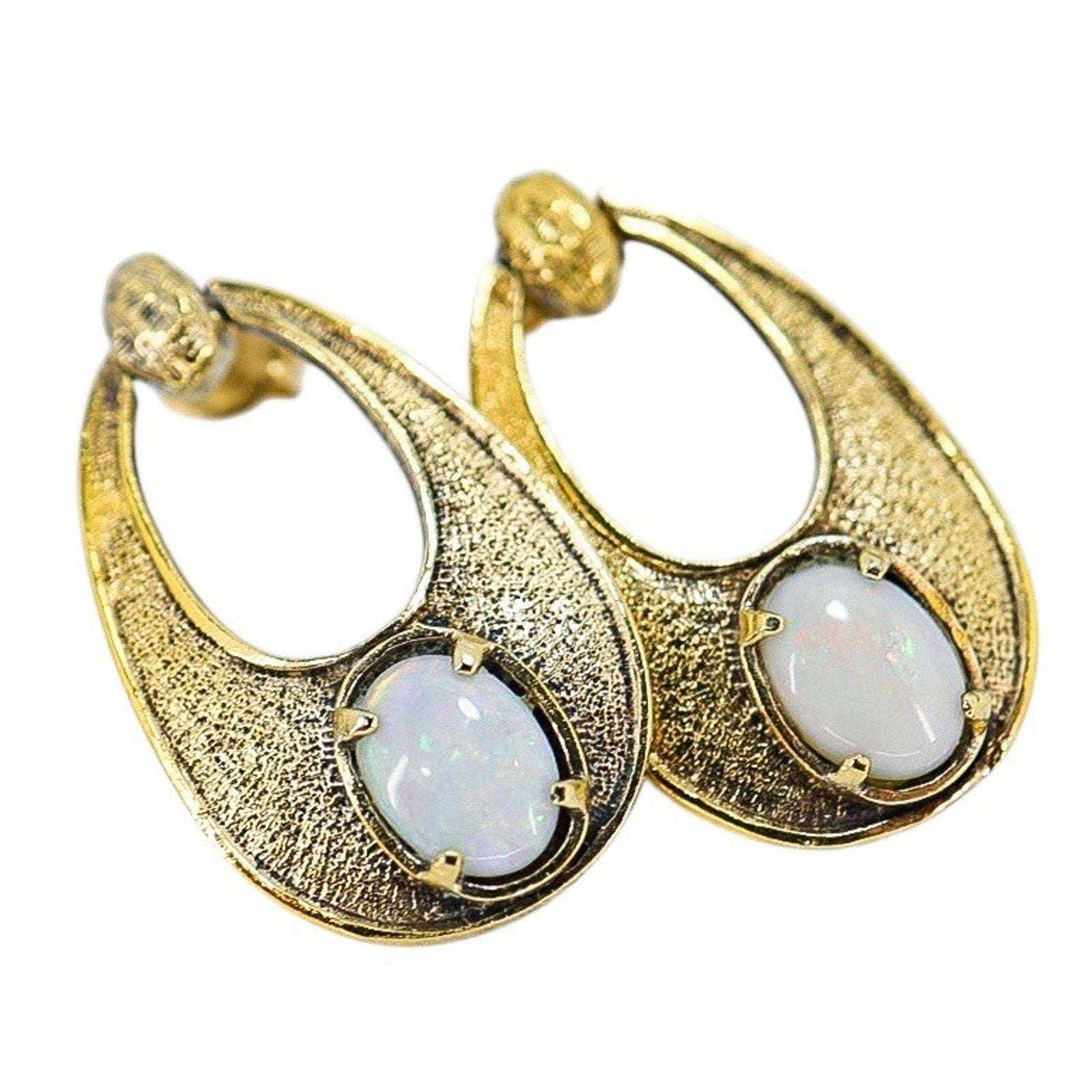 Vintage MCM Wells Sterling Textured Vermeil Australian Opal Earrings Oval Drop
