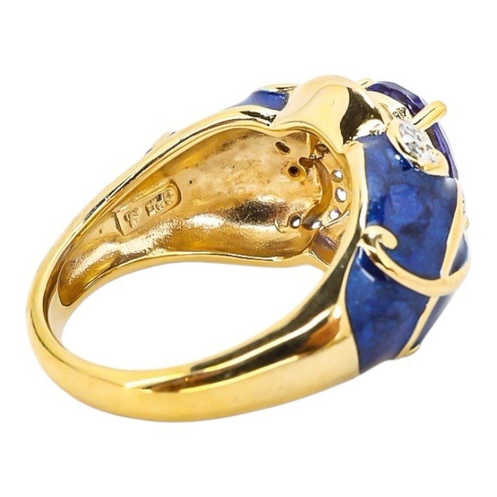 925 Blue Enamel & CZ Crystal Gold Vermeil Sterling Ring Palazzo Style