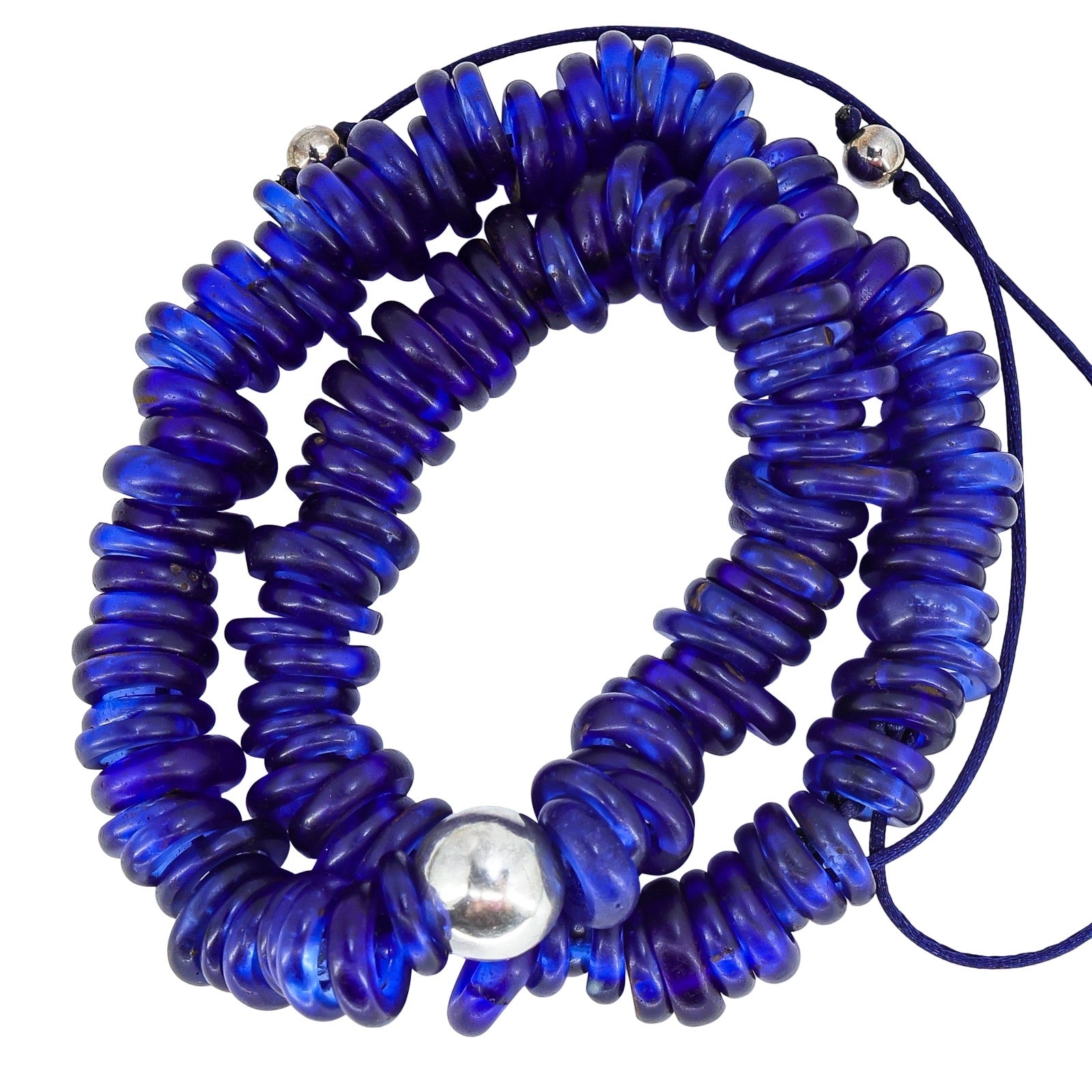 Handmade African Recycled Glass Necklace – Cobalt Blue Doughnut Dogon Ring Beads with Sterling Silver Accents