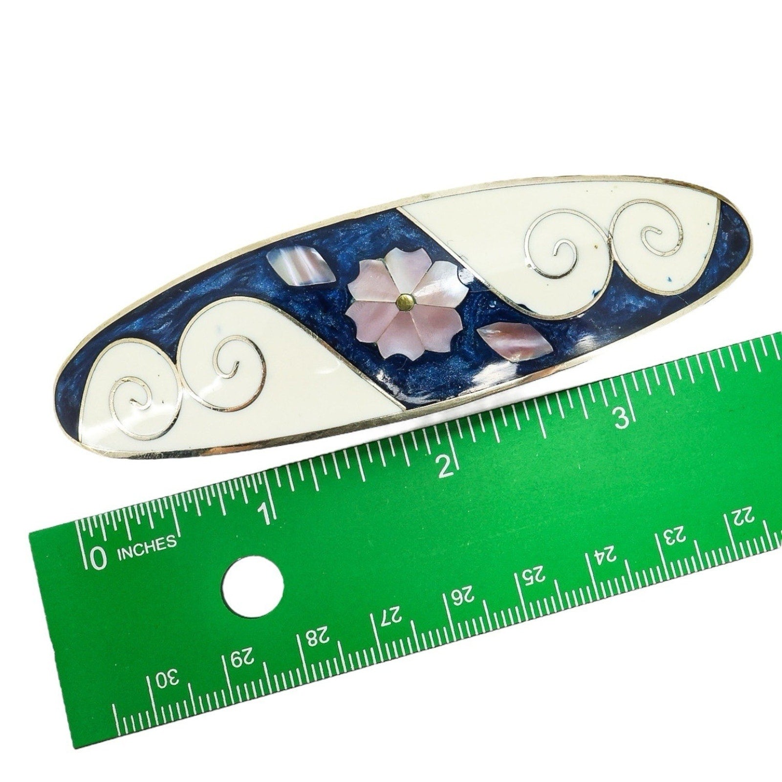 Vintage Handcrafted Inlaid Mother of Pearl & Resin Barrette Floral Hair Clip 4”