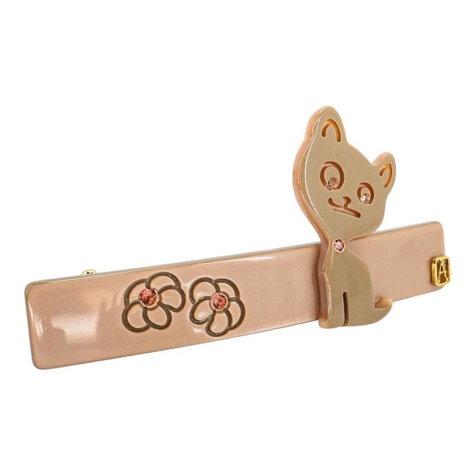 Vintage Alexander De Paris Hair Clip Barrette Rose Beige Lucite Cat With Tag