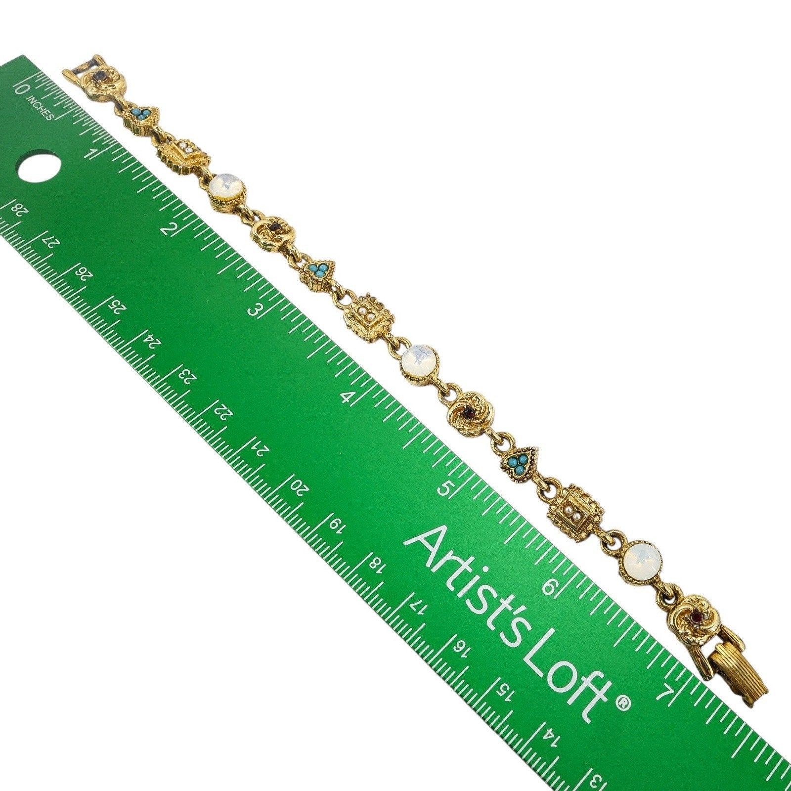 Vintage Signed ART Charm Bracelet Ornate Victorian Revival GoldTone 7.3”