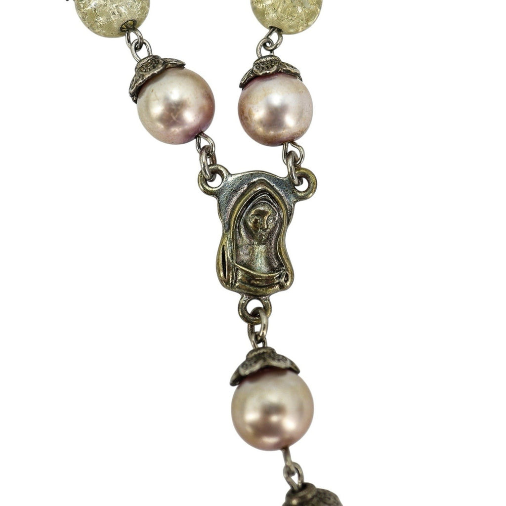 Vintage Large Display Ceremonial Ornate Rosary Faux Pearl & Crackle Glass Beads