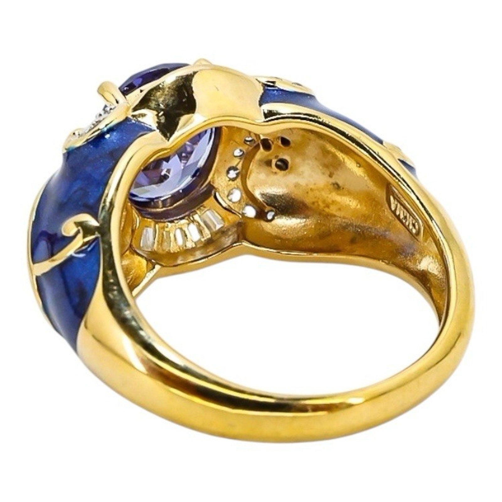925 Blue Enamel & CZ Crystal Gold Vermeil Sterling Ring Palazzo Style