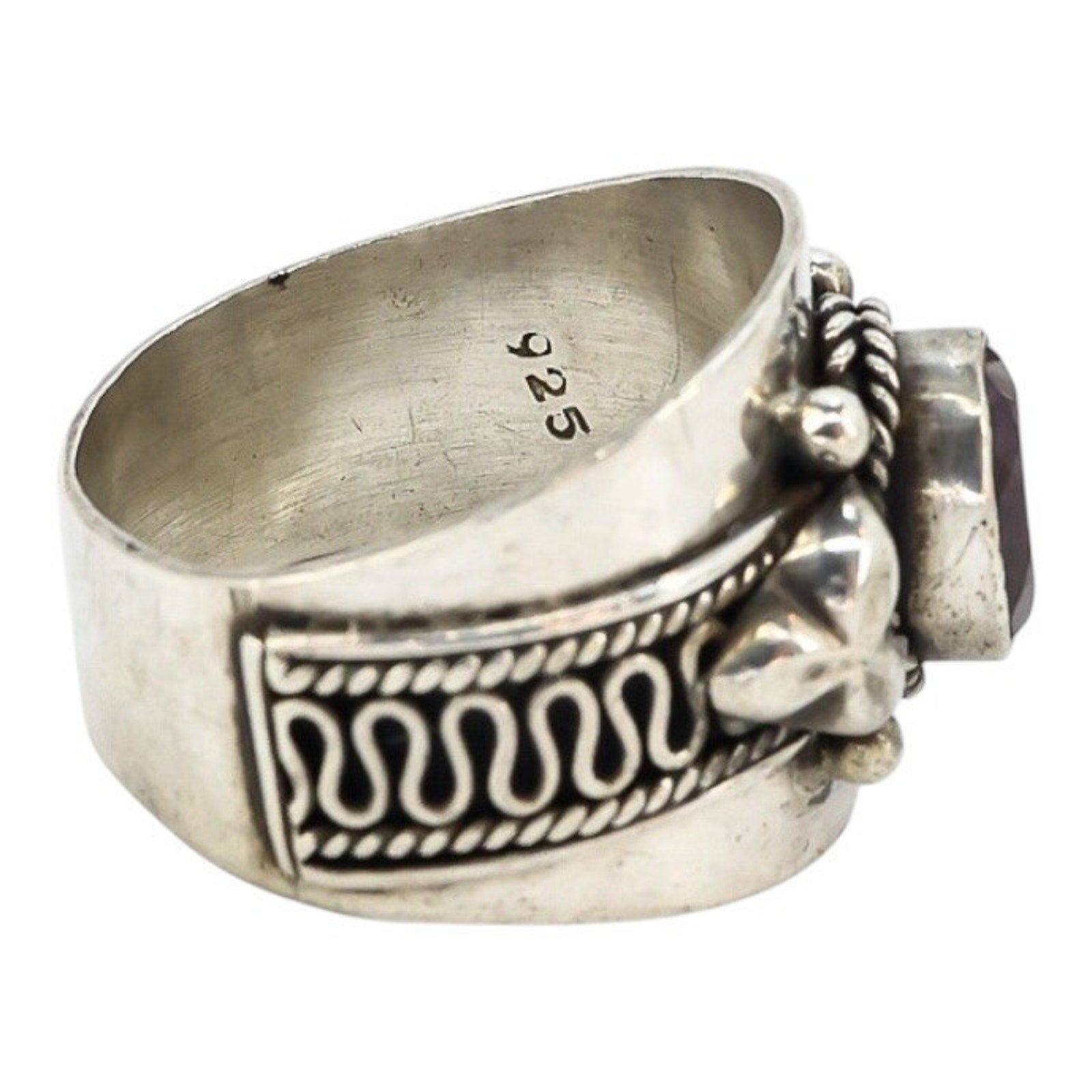 Sterling Silver Wide Band Ring W Bezel Set Amethyst Ornate Scroll Design Size 7