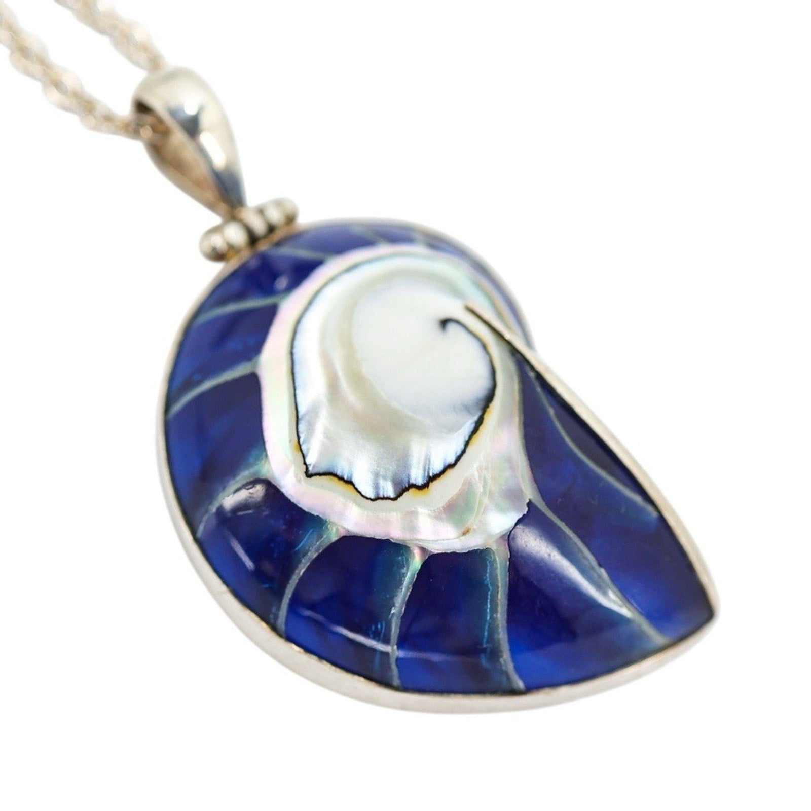 Sterling Silver Nautilus Pendant Necklace – Blue Resin Inlay & Mother of Pearl