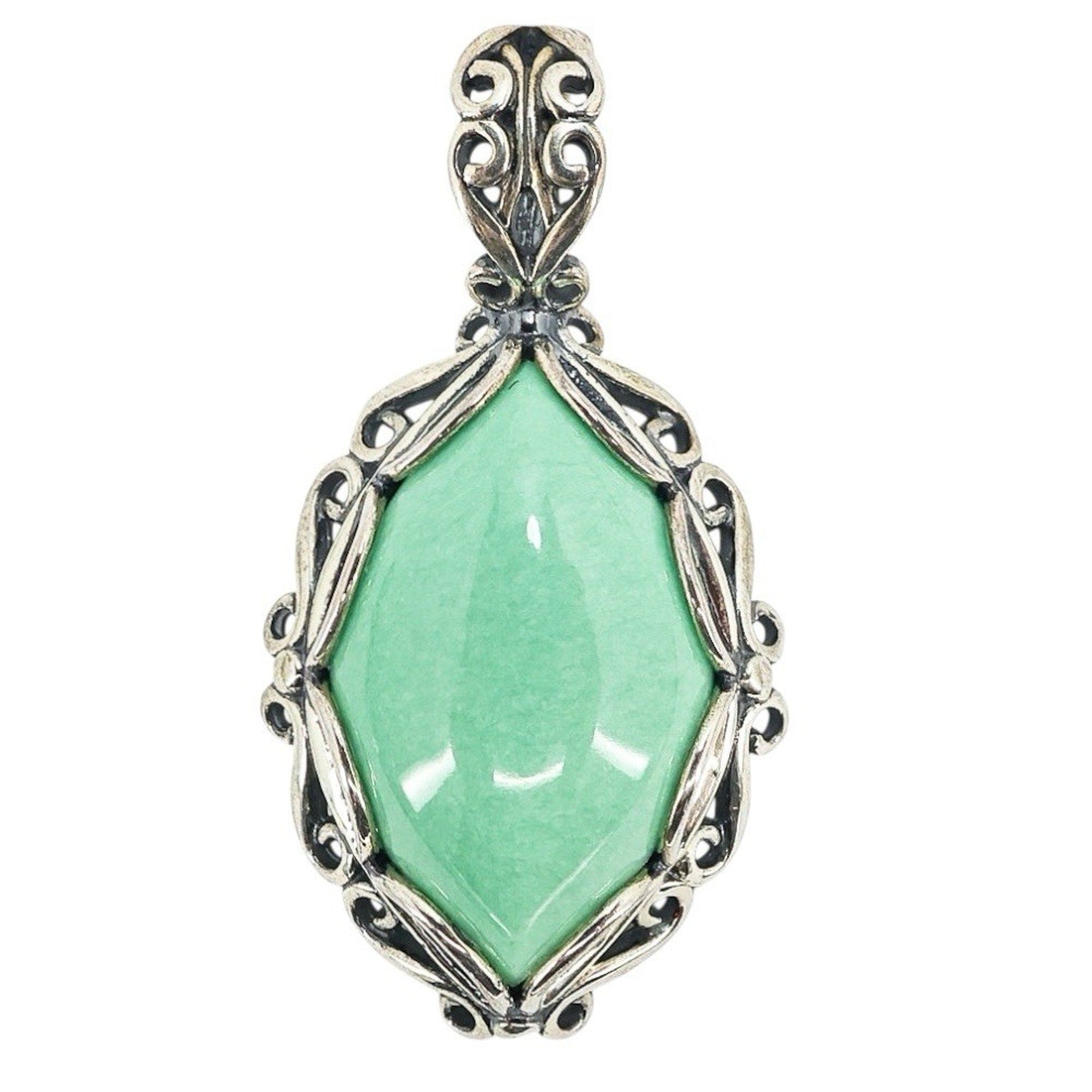 Vintage Carolyn Pollack Sterling Silver Green Stone Pendant Marquise Cabochon 2”