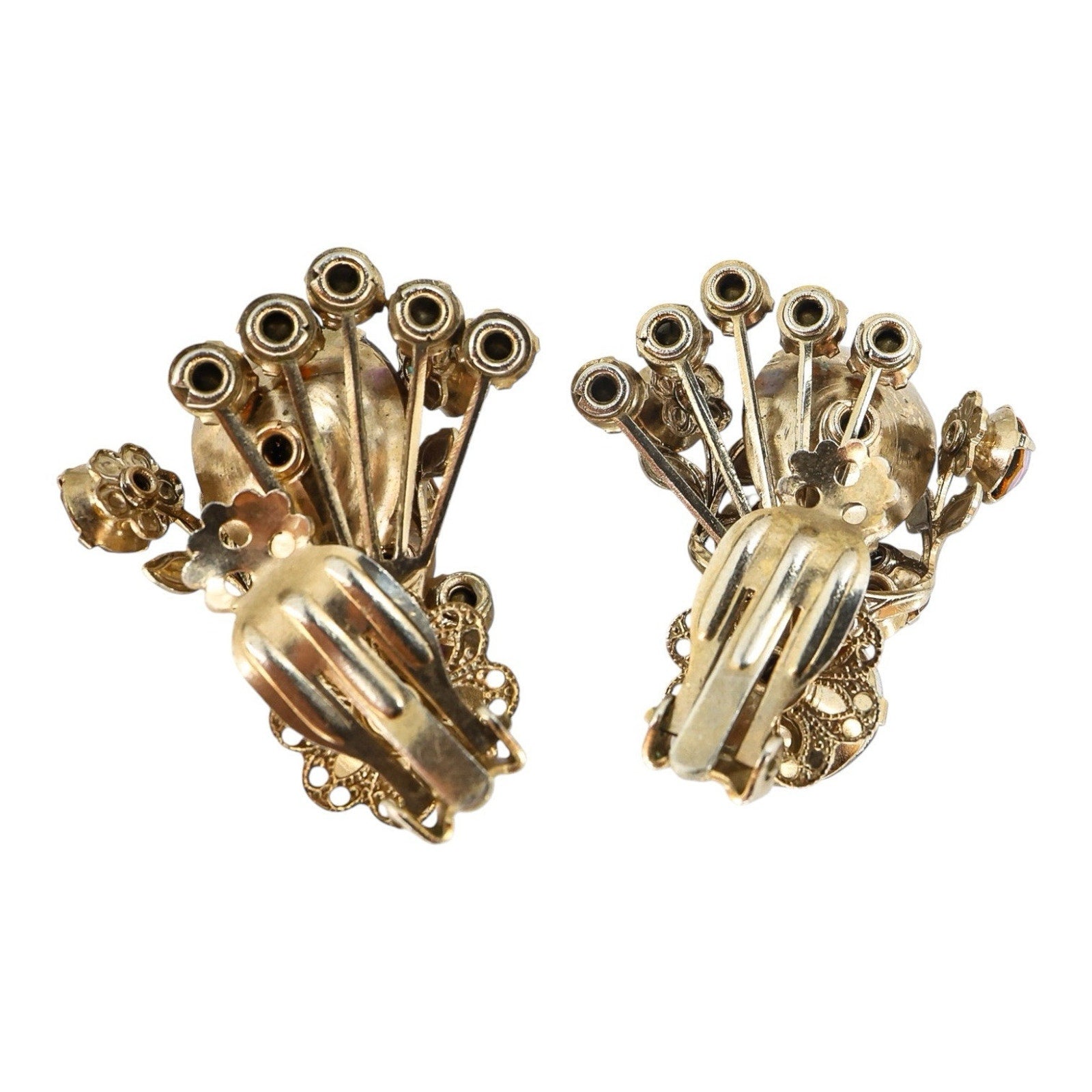Large Vintage Mid Century Rhinestone Clip On Earrings Faux Topaz AB Filigree