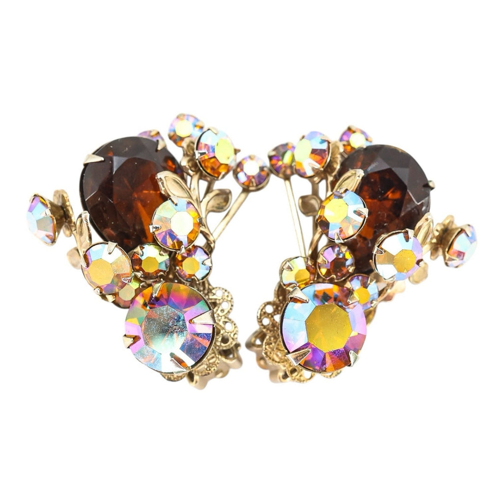 Large Vintage Mid Century Rhinestone Clip On Earrings Faux Topaz AB Filigree