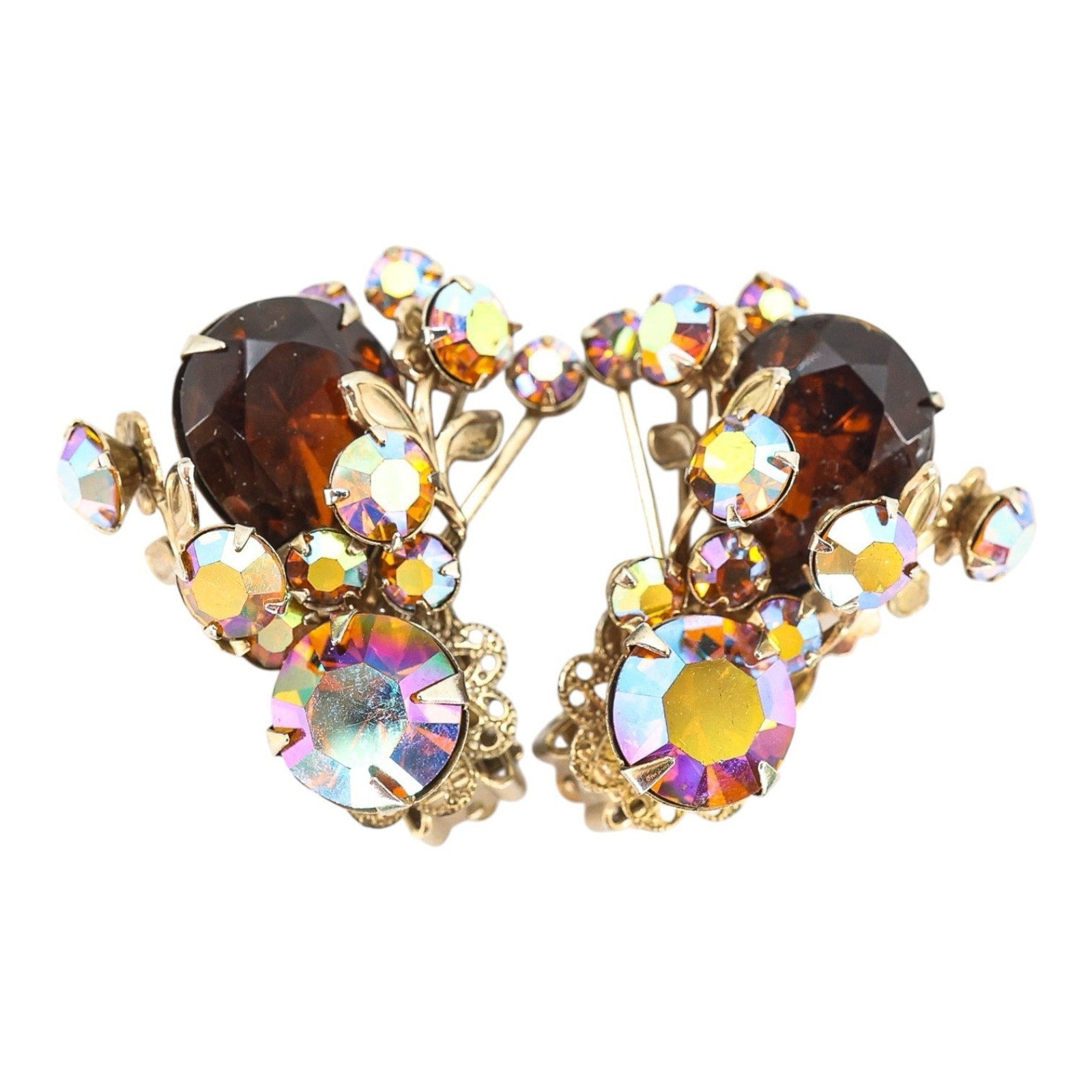 Large Vintage Mid Century Rhinestone Clip On Earrings Faux Topaz AB Filigree