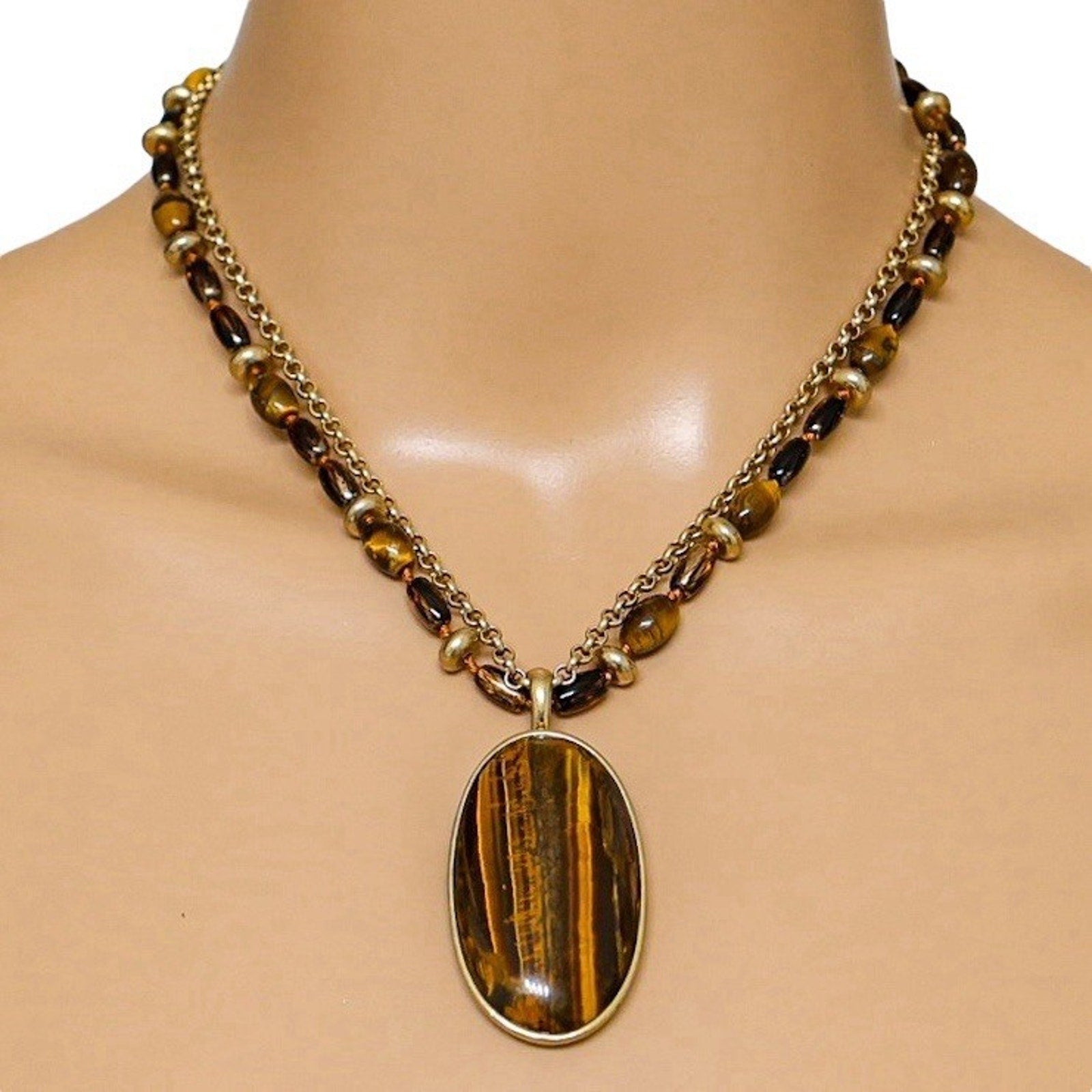 Signed Monet Statement Goldtone And Tiger Eye Necklace With Detachable Pendant