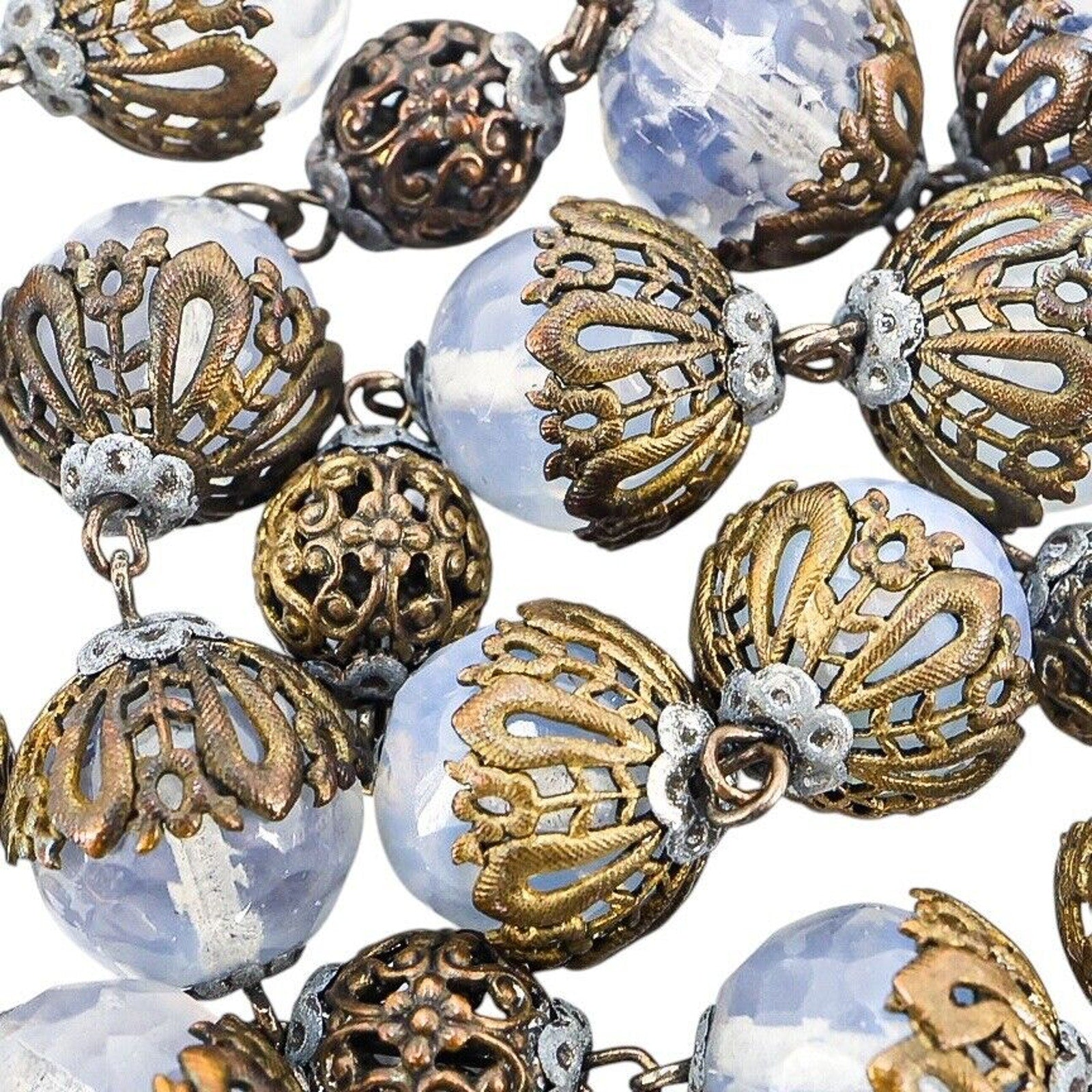 Vintage Czech Opaline Faceted Glass Beaded Necklace W Filigree Cups