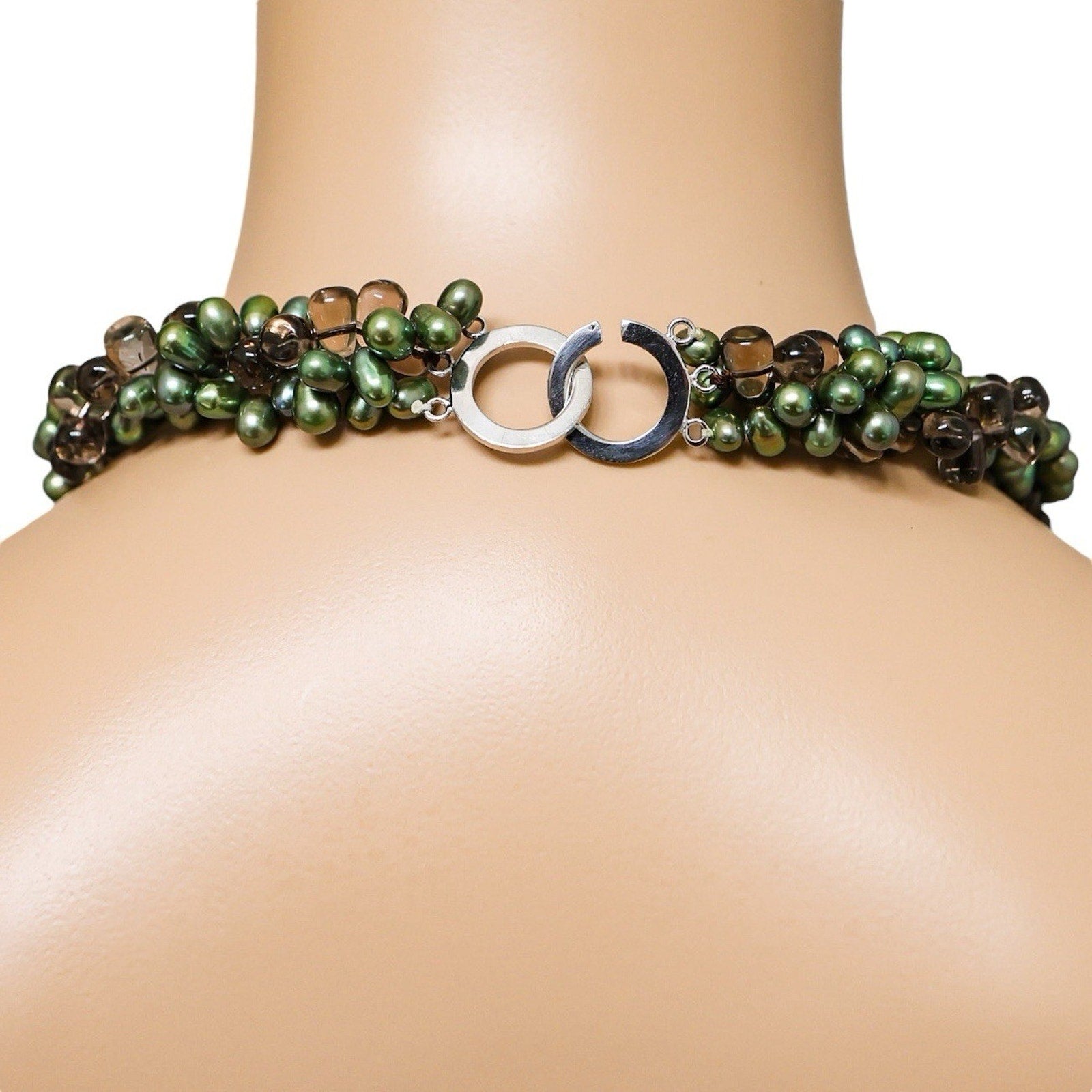 Green Freshwater Pearl & Smoky Quartz Bead Torsade Necklace 3 Strand 925