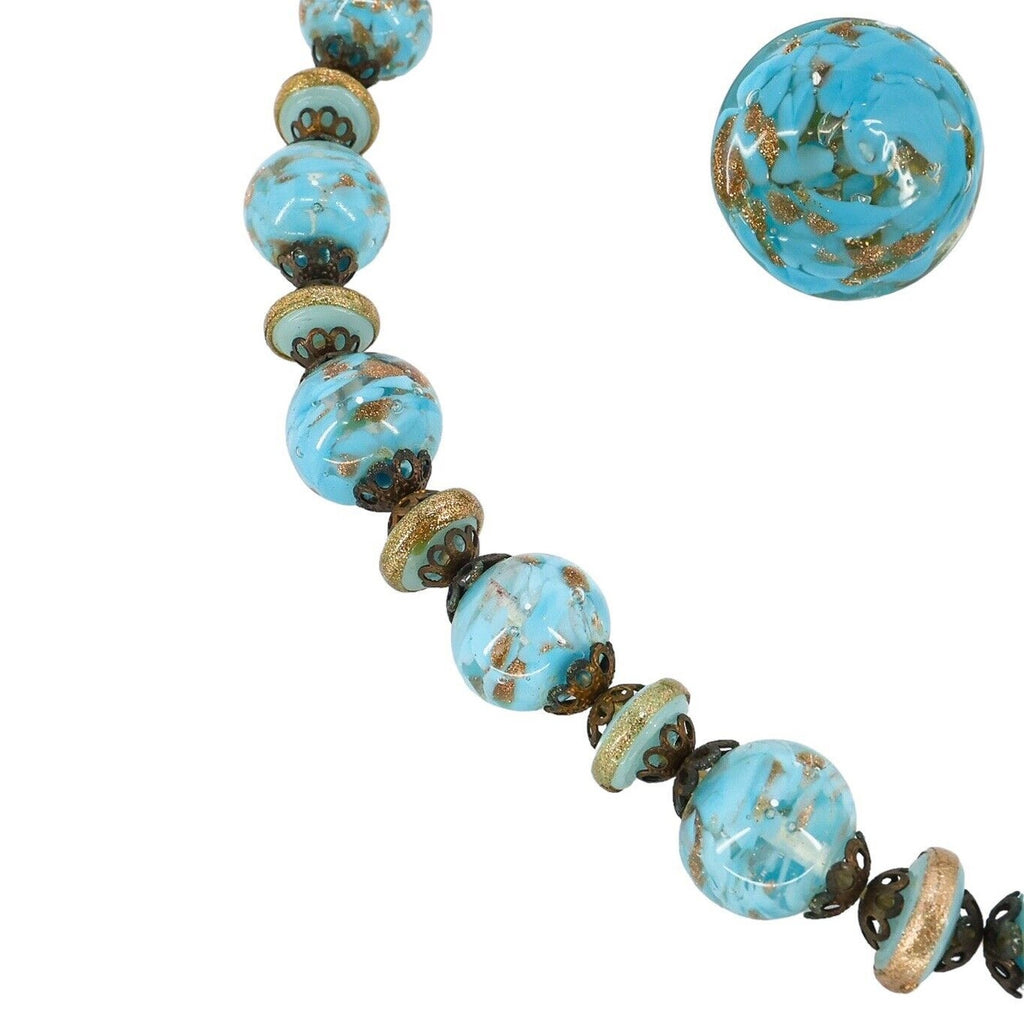 Vintage Murano Glass Jewelry Set Blue Aventurine Sommerso Beads Signed Italy