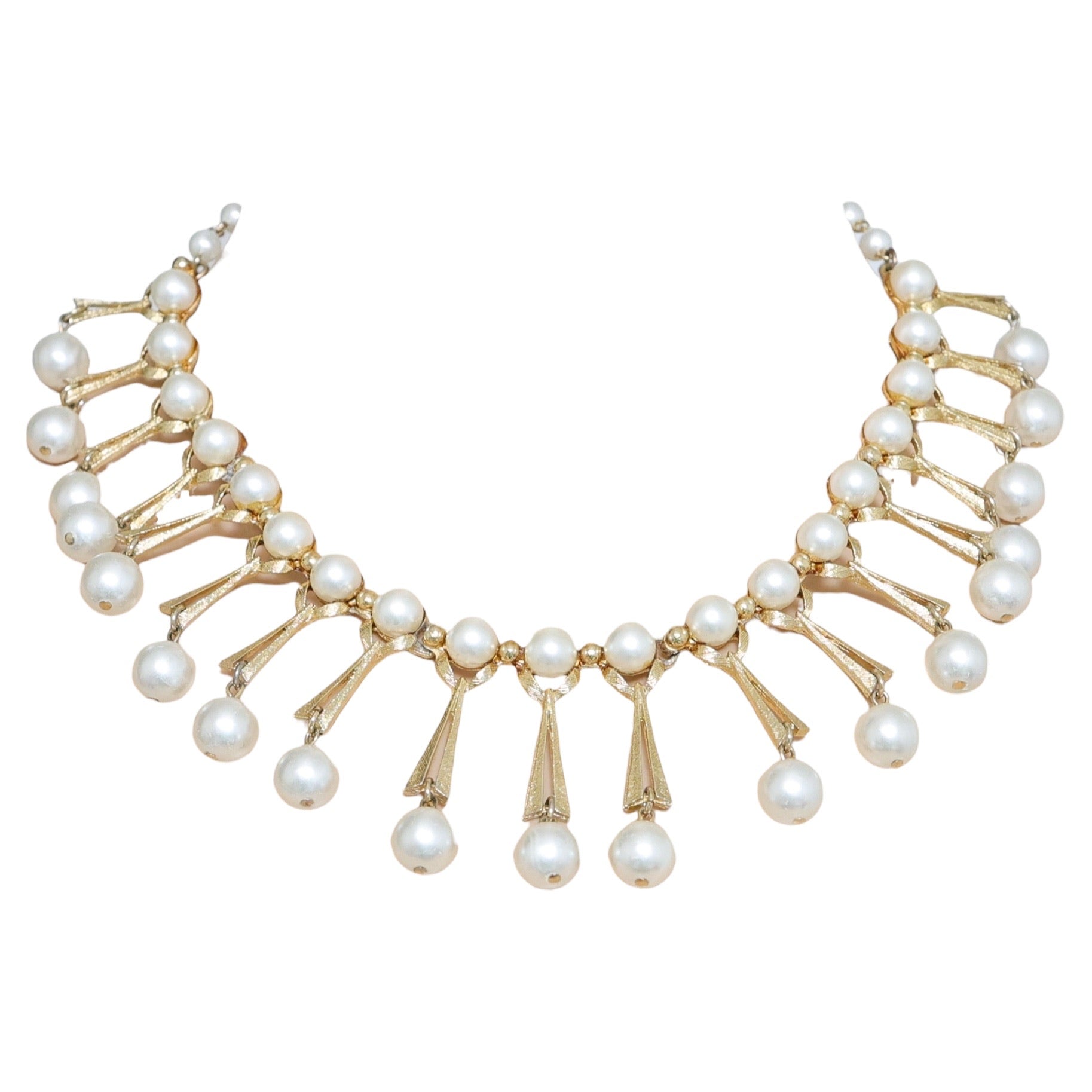 Vintage Faux Pearl Mid-Century Gold Tone Fringe Choker Necklace - Hollywood Regency