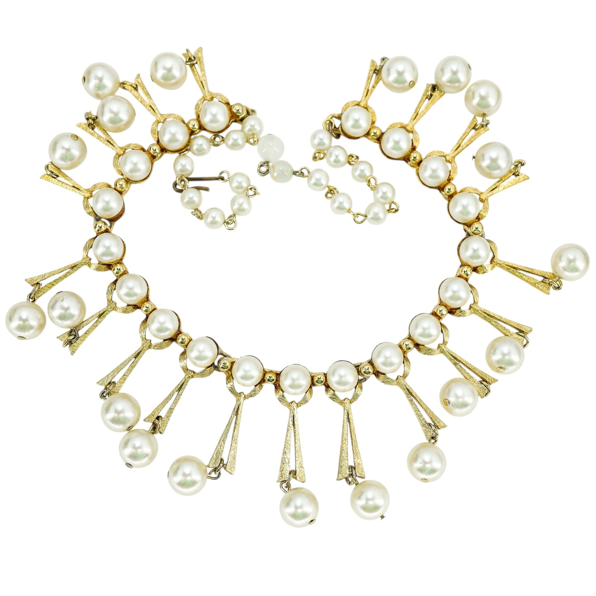 Vintage Faux Pearl Mid-Century Gold Tone Fringe Choker Necklace - Hollywood Regency