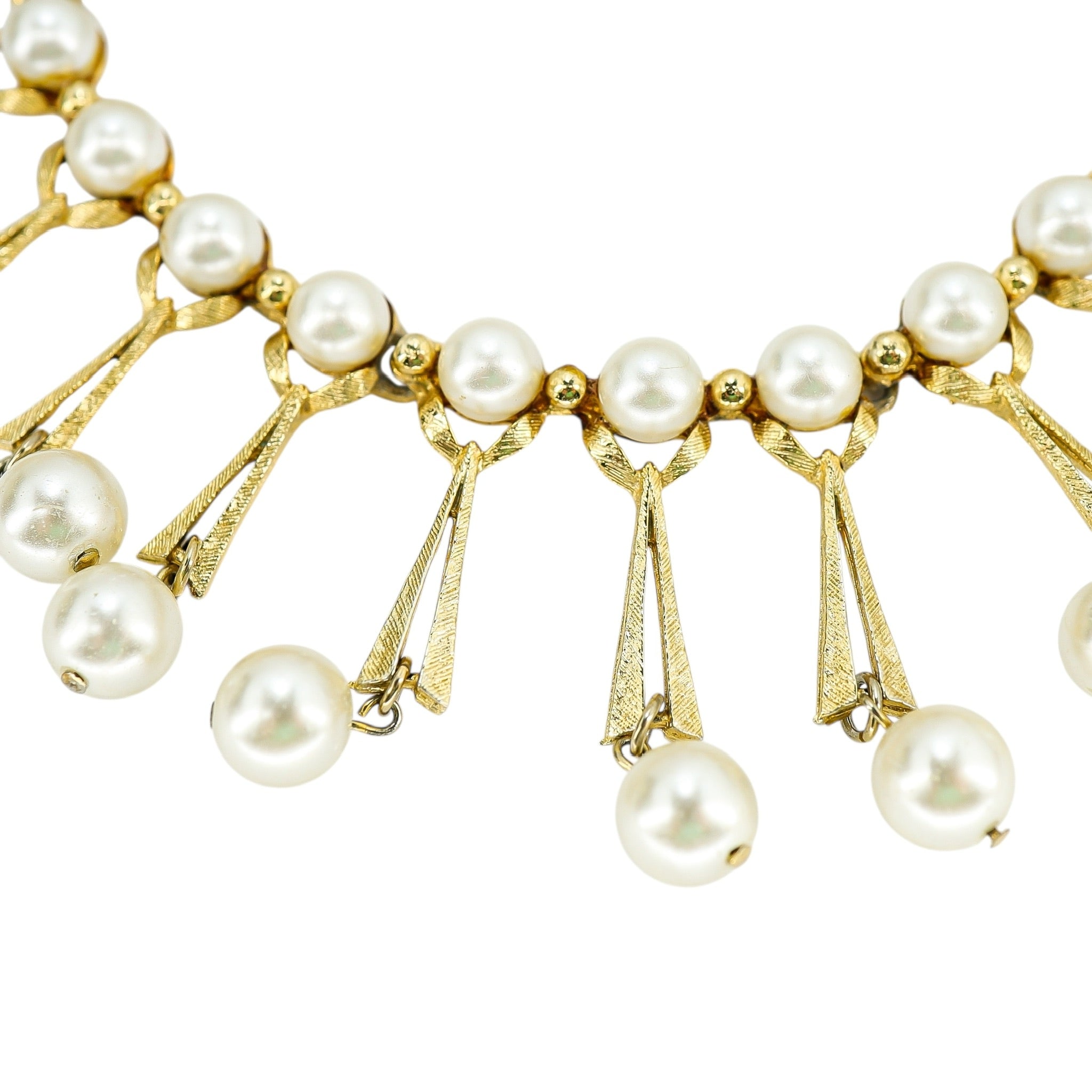 Vintage Faux Pearl Mid-Century Gold Tone Fringe Choker Necklace - Hollywood Regency