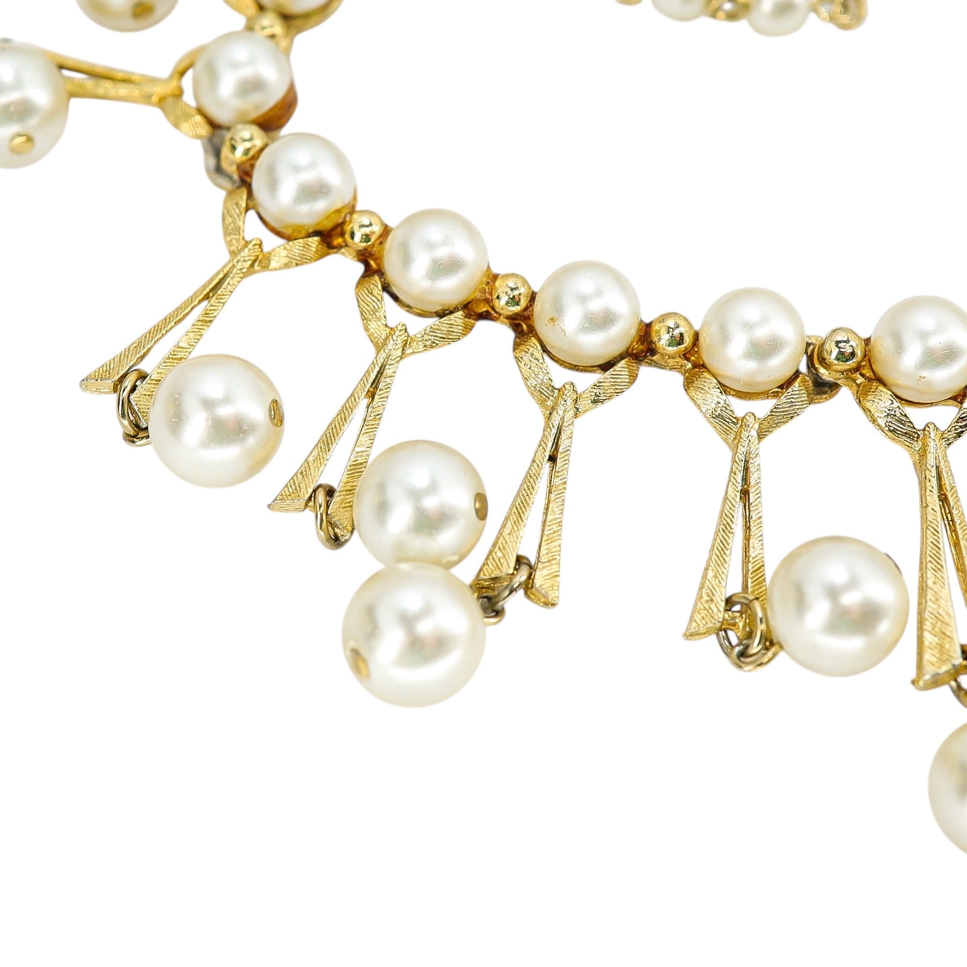 Vintage Faux Pearl Mid-Century Gold Tone Fringe Choker Necklace - Hollywood Regency