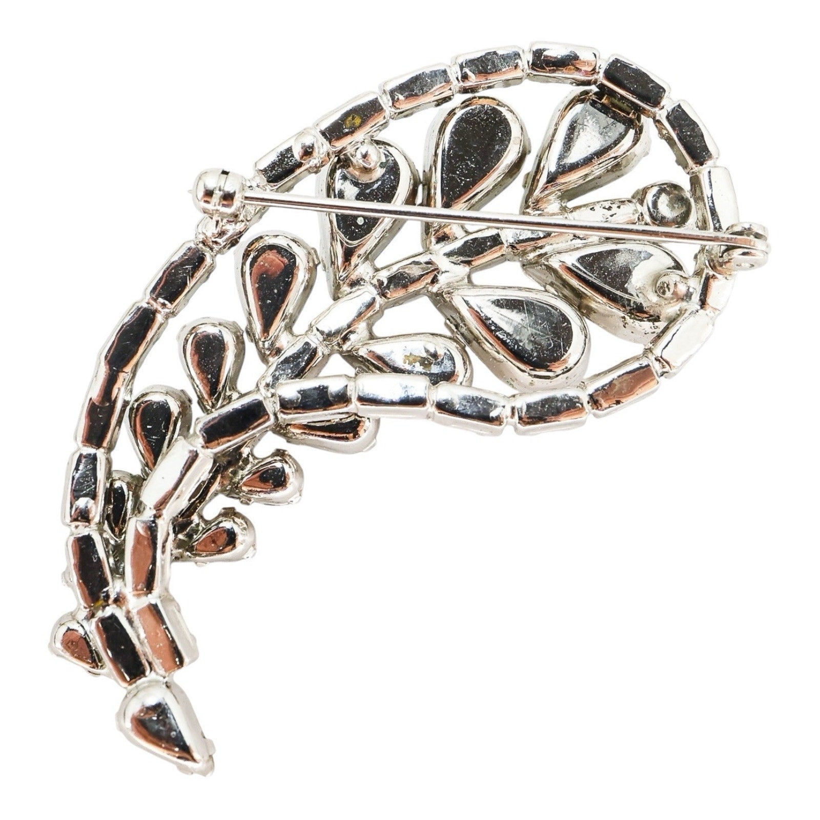 Large Vintage Mid Century Gray Smoky Clear Rhinestone Brooch Leaf Shape 2.25”